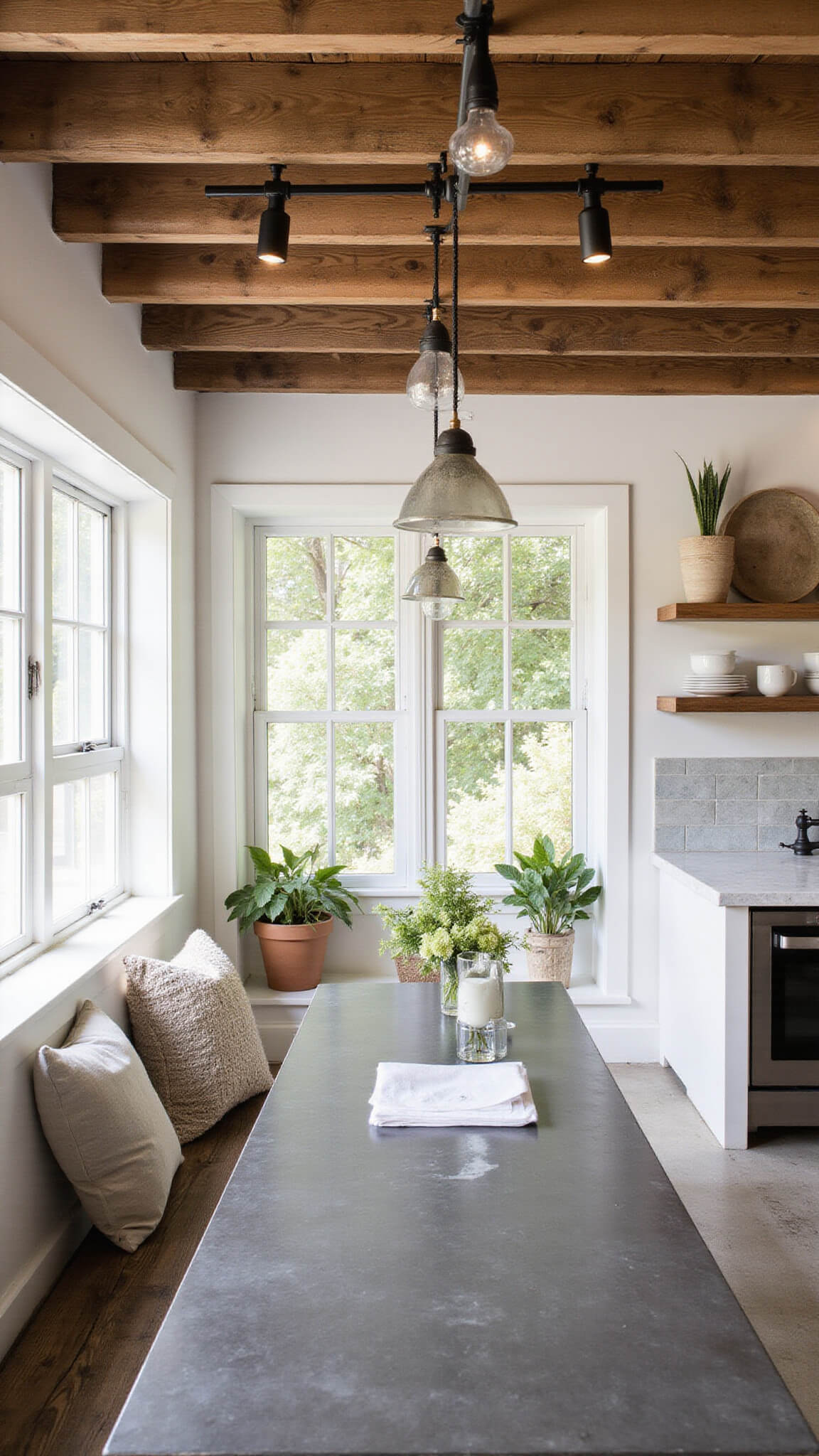 Sunlit breakfast nook in open-concept kitchen with zinc-topped table, reclaimed beams, mixed-metal accents, and concrete floors.