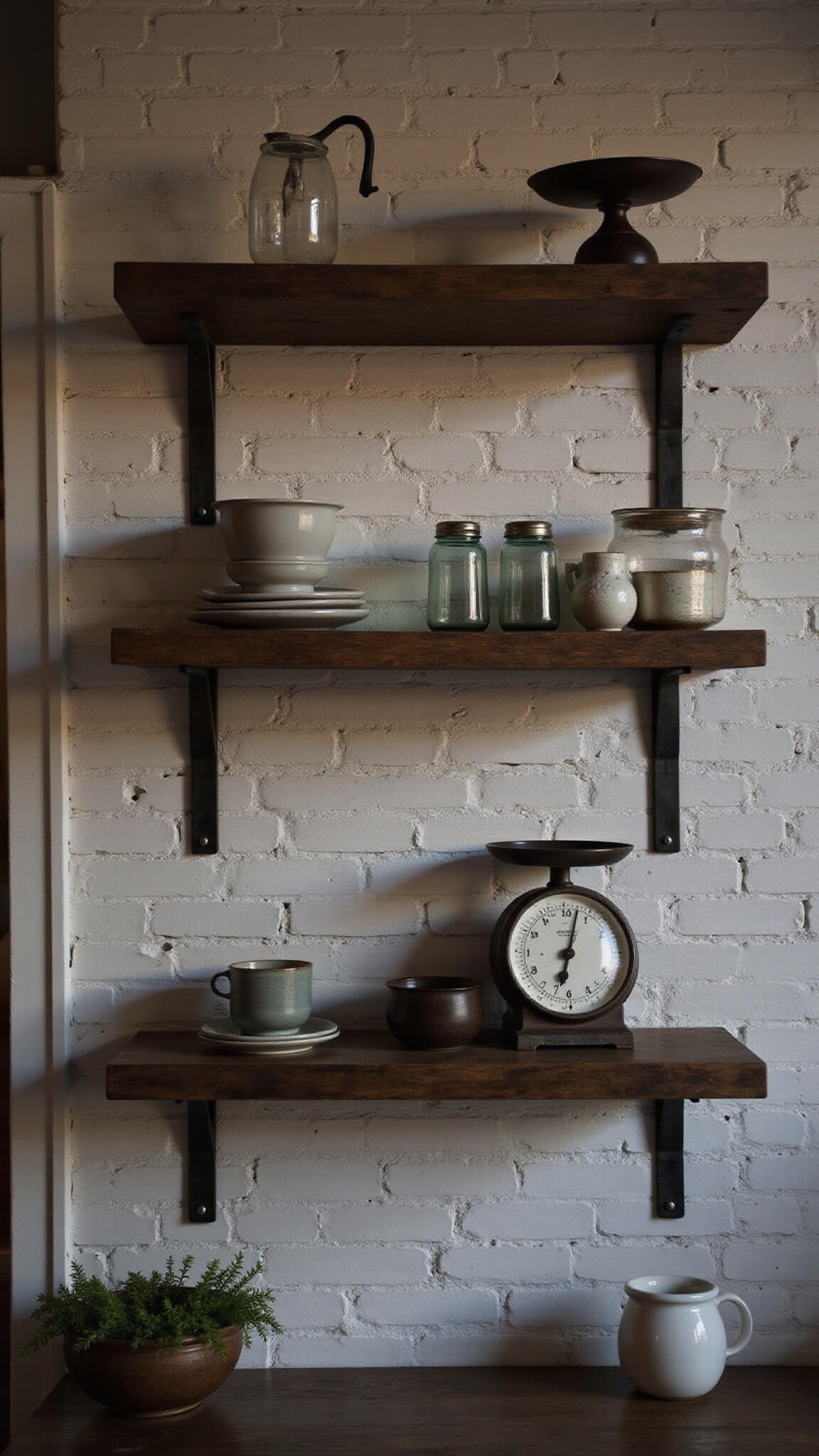 Close-up of open shelving with wooden planks on steel brackets, displaying ceramics, vintage scales, and glass canisters against white brick wall with dramatic dusk lighting.