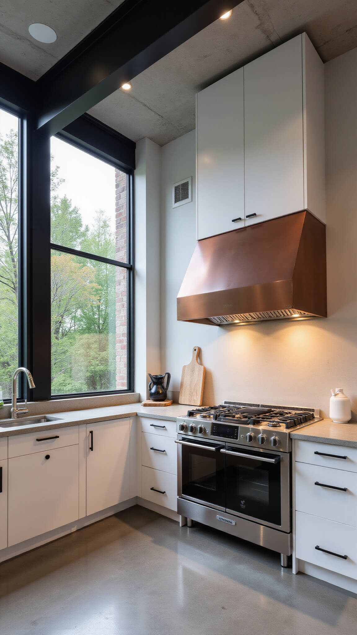 Wide-angle view of modern 20x15ft kitchen with 12ft ceilings, exposed ductwork, black steel windows, white oak cabinets, concrete counters, copper range hood, and natural light.