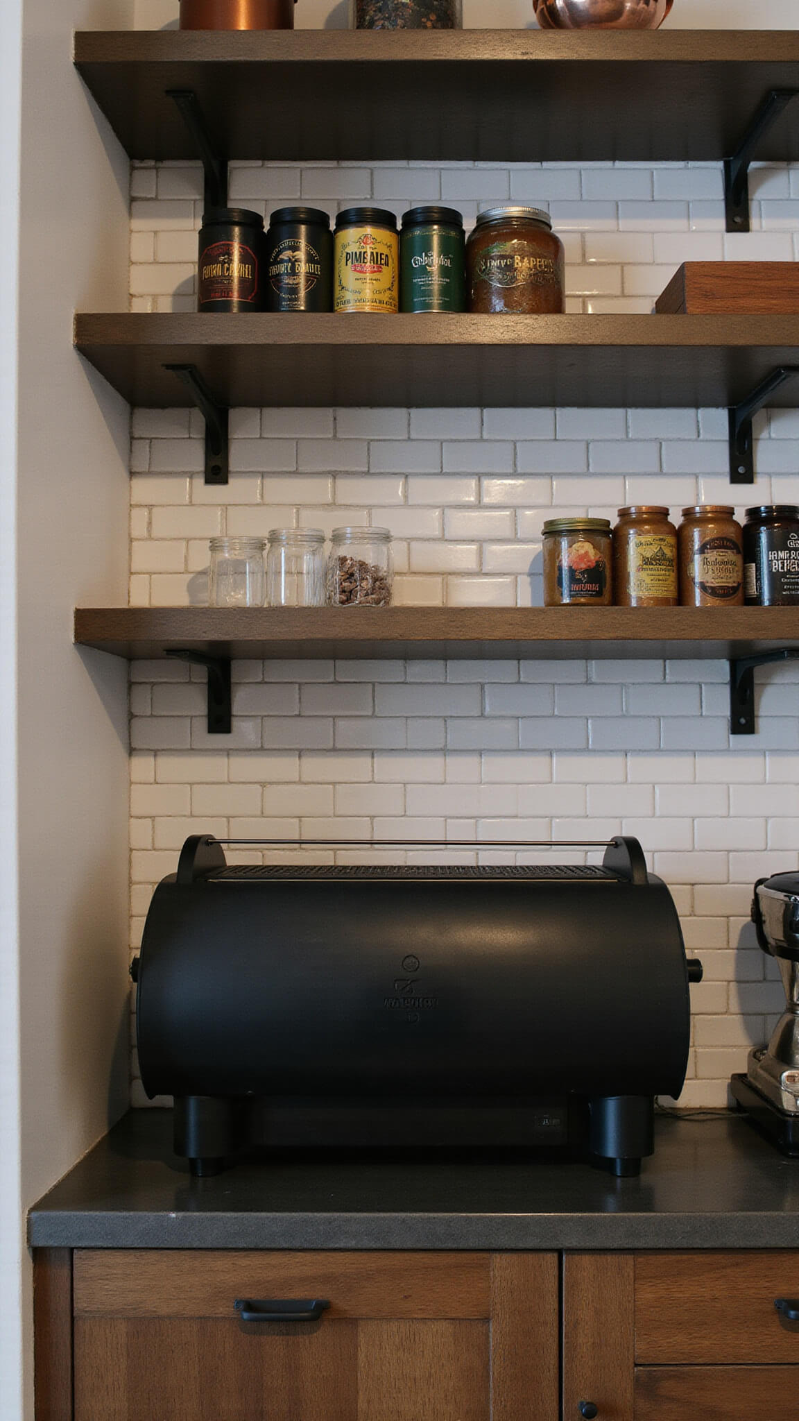 Cozy industrial coffee station with vintage tins, black espresso machine, and copper accents in morning light.