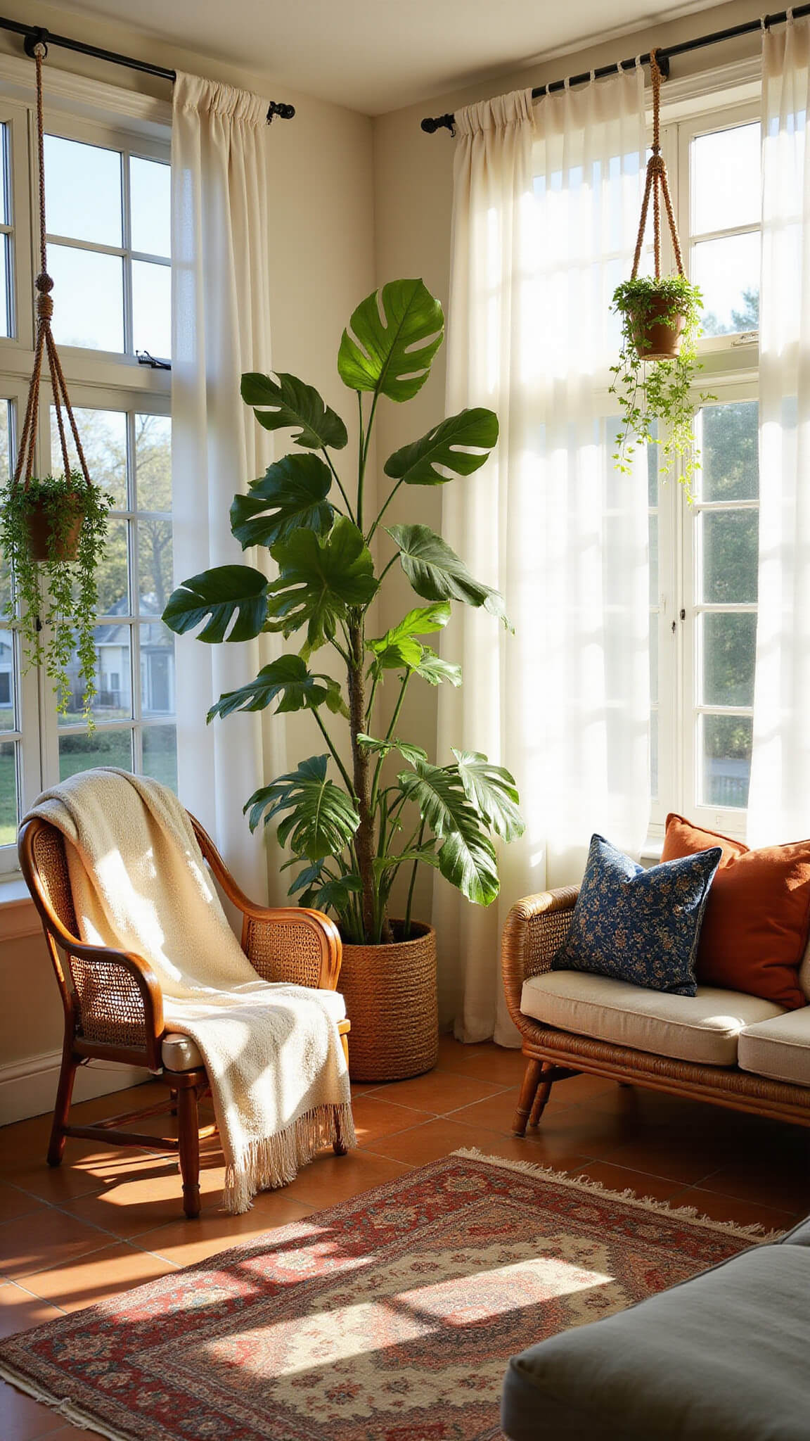Sunroom with floor-to-ceiling windows at golden hour, featuring lush plants, rattan furniture with patterned pillows, layered rugs, and soft natural light filtering through sheer curtains.