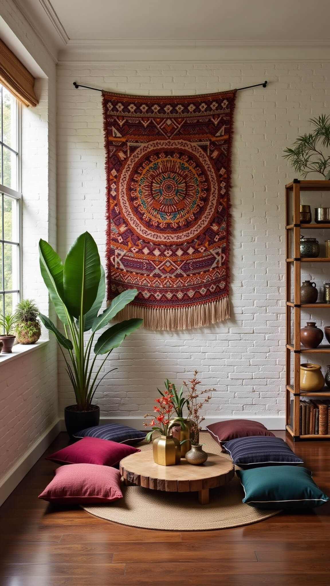 Bohemian-style room with white brick walls, colorful tapestry, jewel-toned floor cushions, reclaimed wood table, brass lanterns, vintage ceramics, bamboo shelves, and tall bird of paradise plant.
