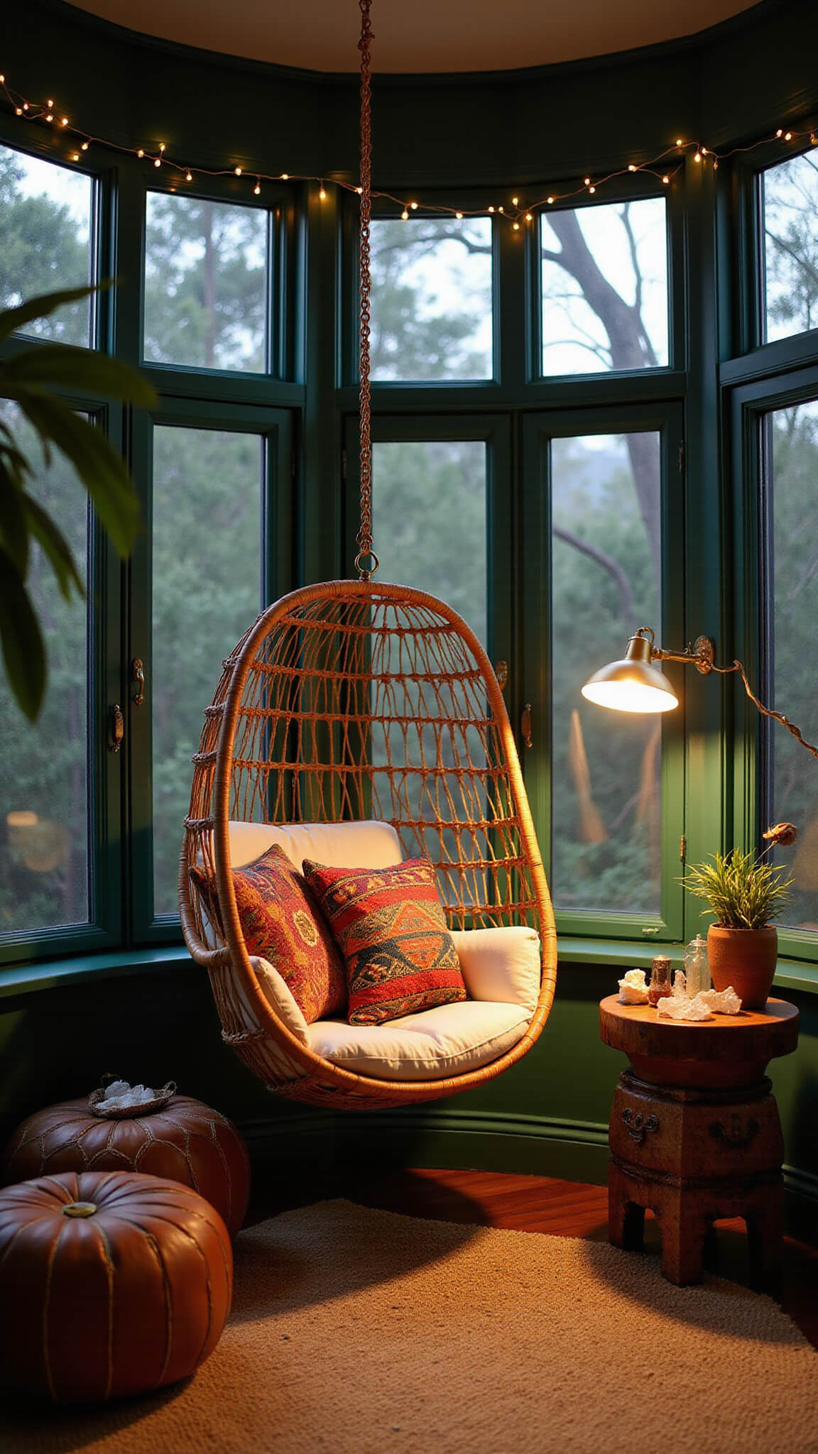 Cozy tropical boho reading nook with rattan egg chair, string lights, vintage poufs, and warm Moroccan lamp glow at dusk.