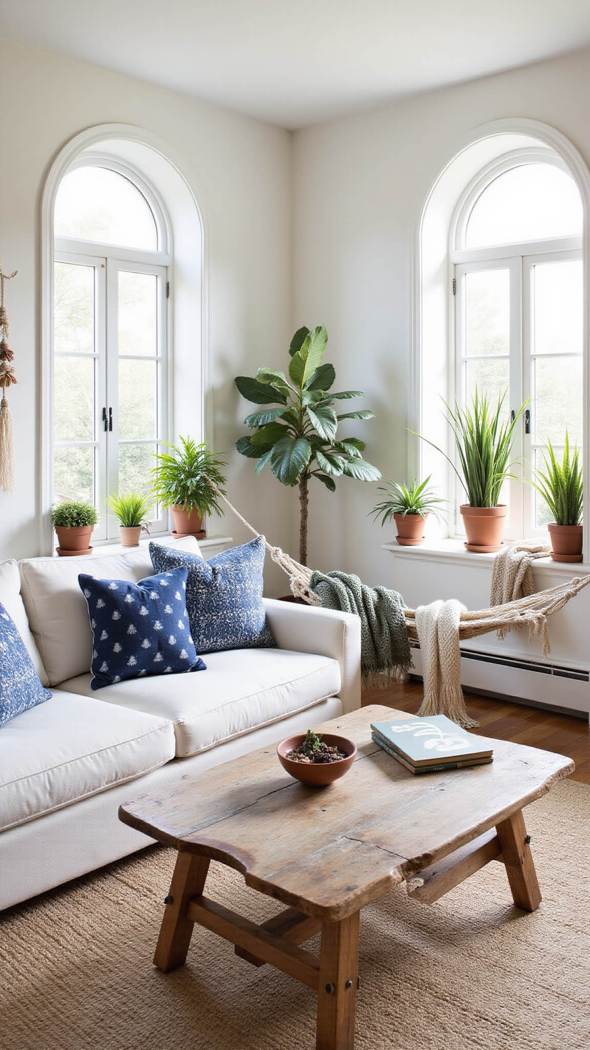 Coastal bohemian living room with arched windows, white sofa, driftwood table, hammock, and potted plants in airy, sunlit space.