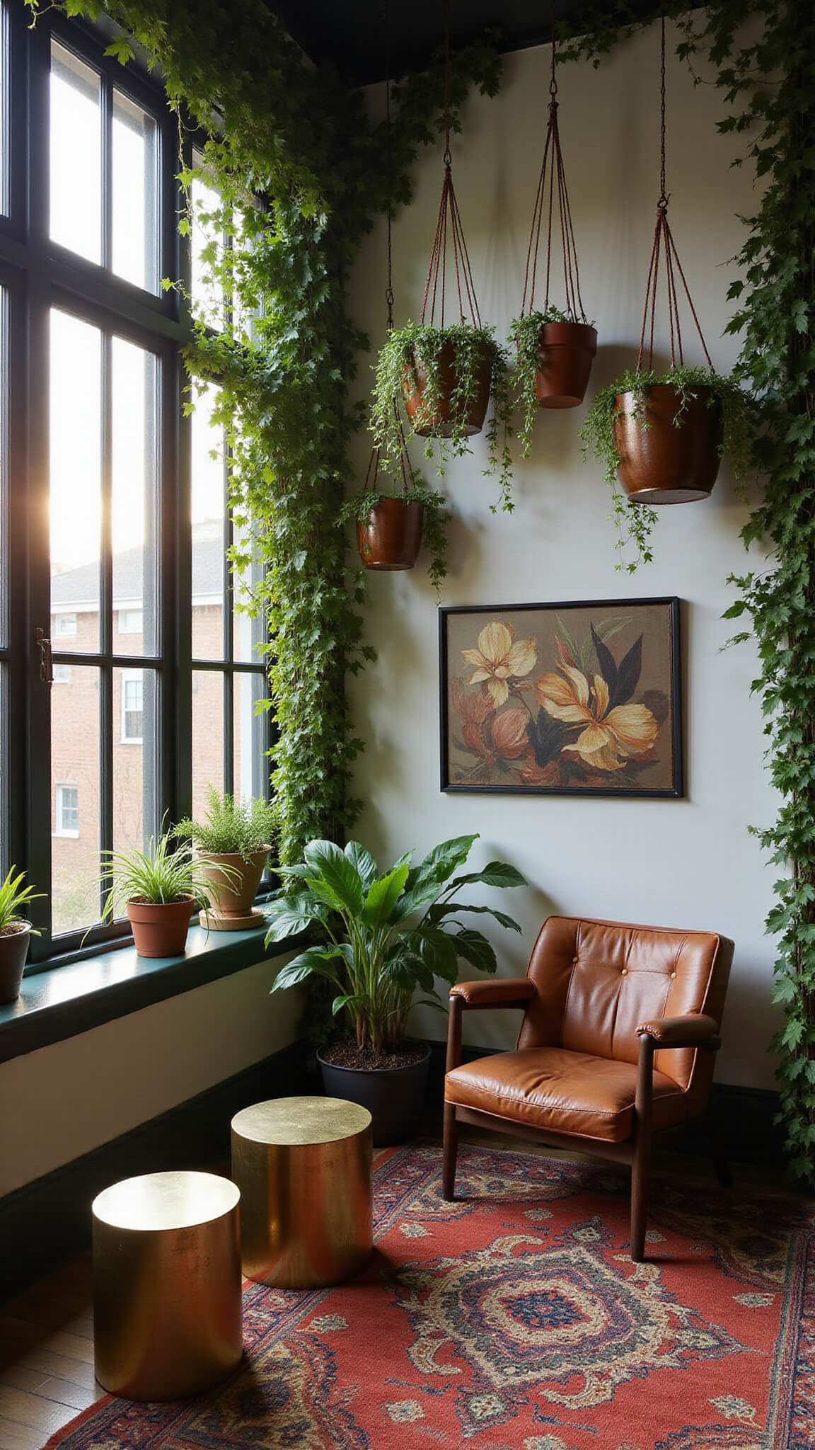Symmetrical urban jungle sunroom with dramatic sunset light, black-framed windows, white ivy-covered walls, mid-century leather chair, Beni Ourain rug, brass tables, abstract botanical art, and hanging planters.