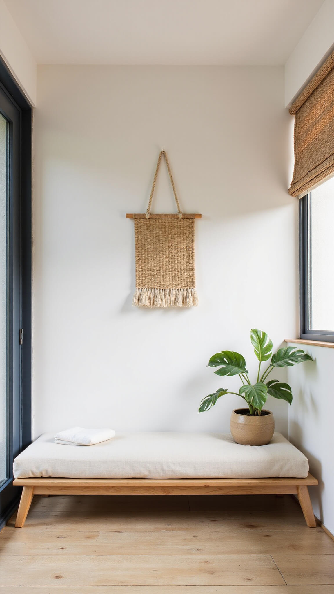 Zen minimalist sunroom at blue hour with low Japanese-inspired seating, monstera plant in ceramic pot, bamboo blinds, and neutral-toned wall hanging.
