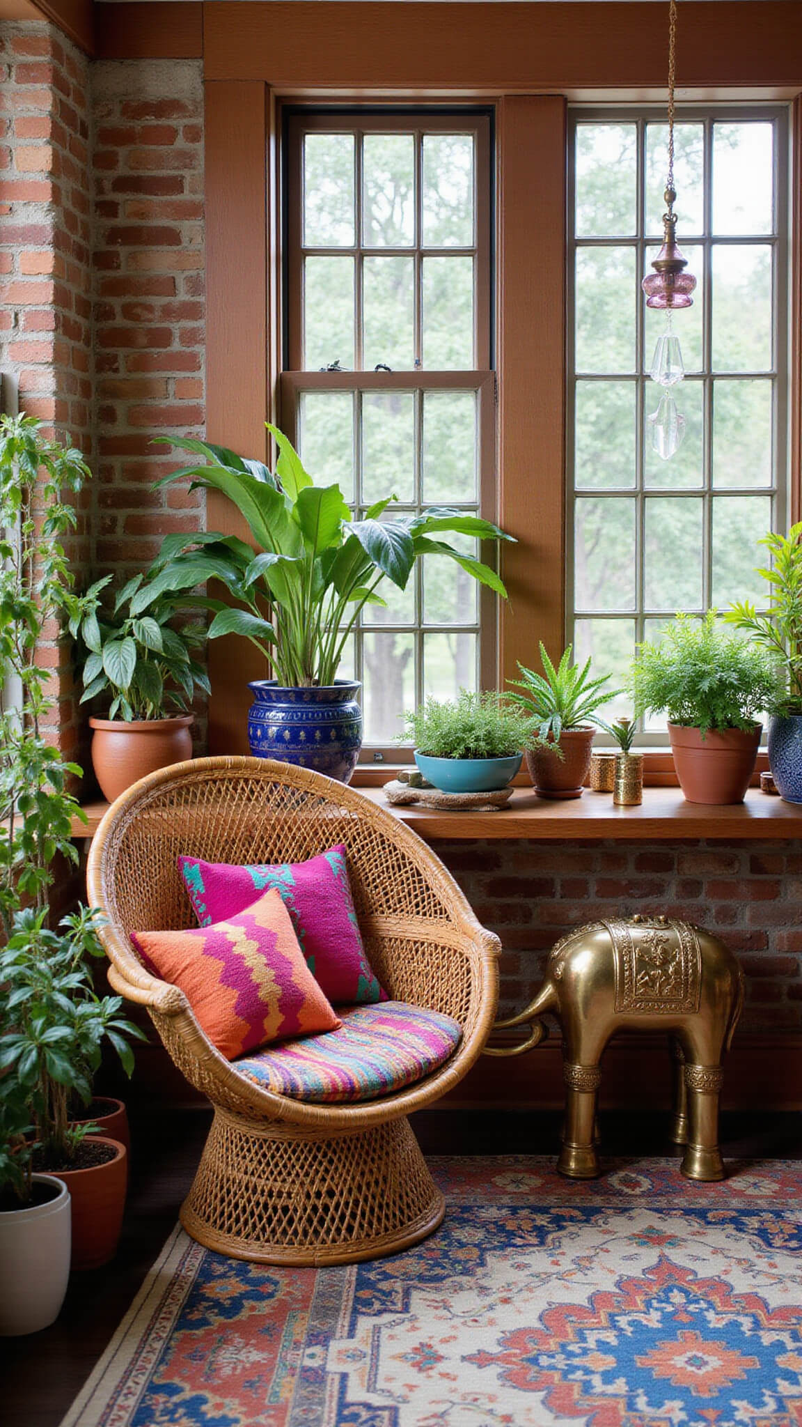 Maximalist boho corner with rattan peacock chair, colorful plants in Talavera pots, vibrant kilim pillows, crystal prisms casting rainbows, and carved elephant table with brass accents.