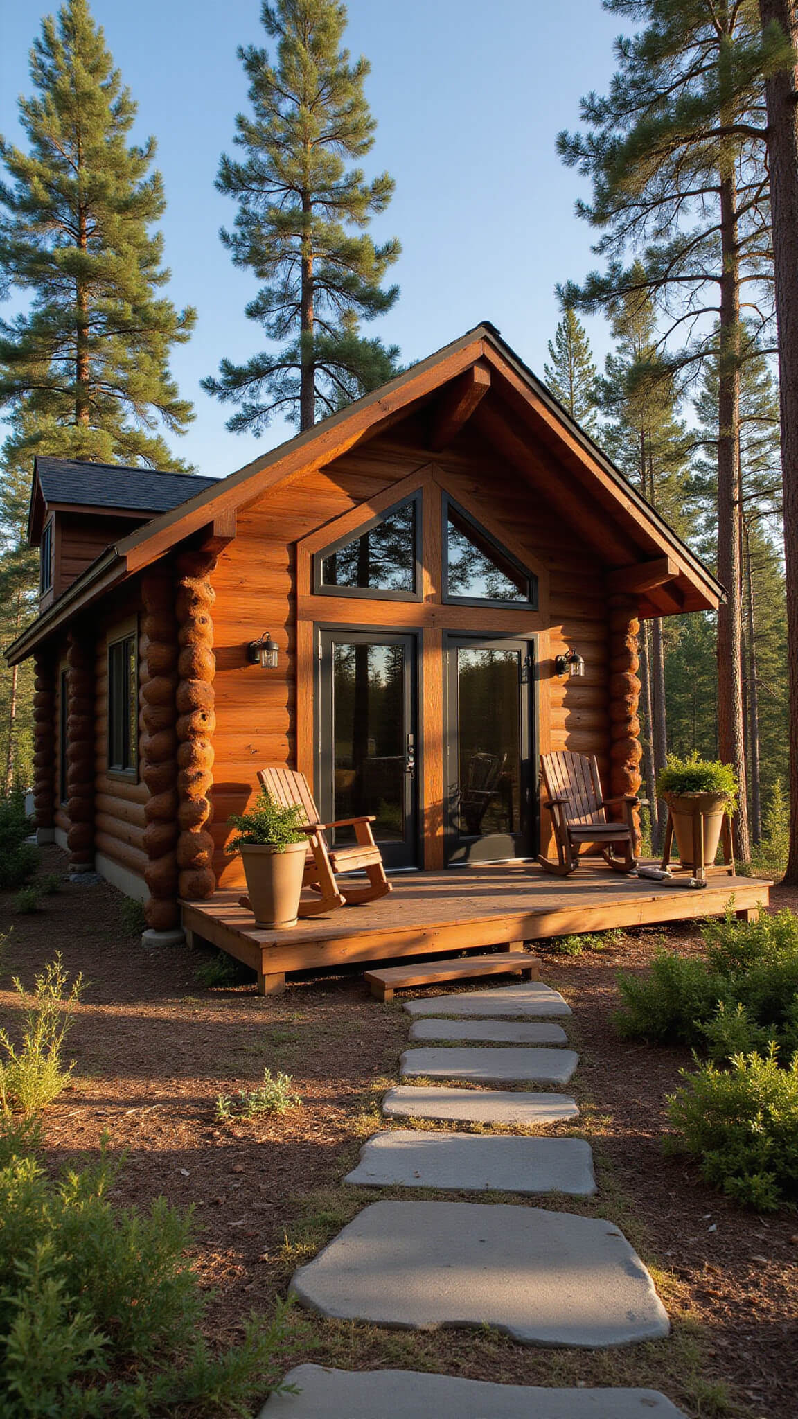 Cozy 800 sq ft woodland cabin at golden hour with cedar siding, large windows, stone path, rocking chairs, and forest backdrop.