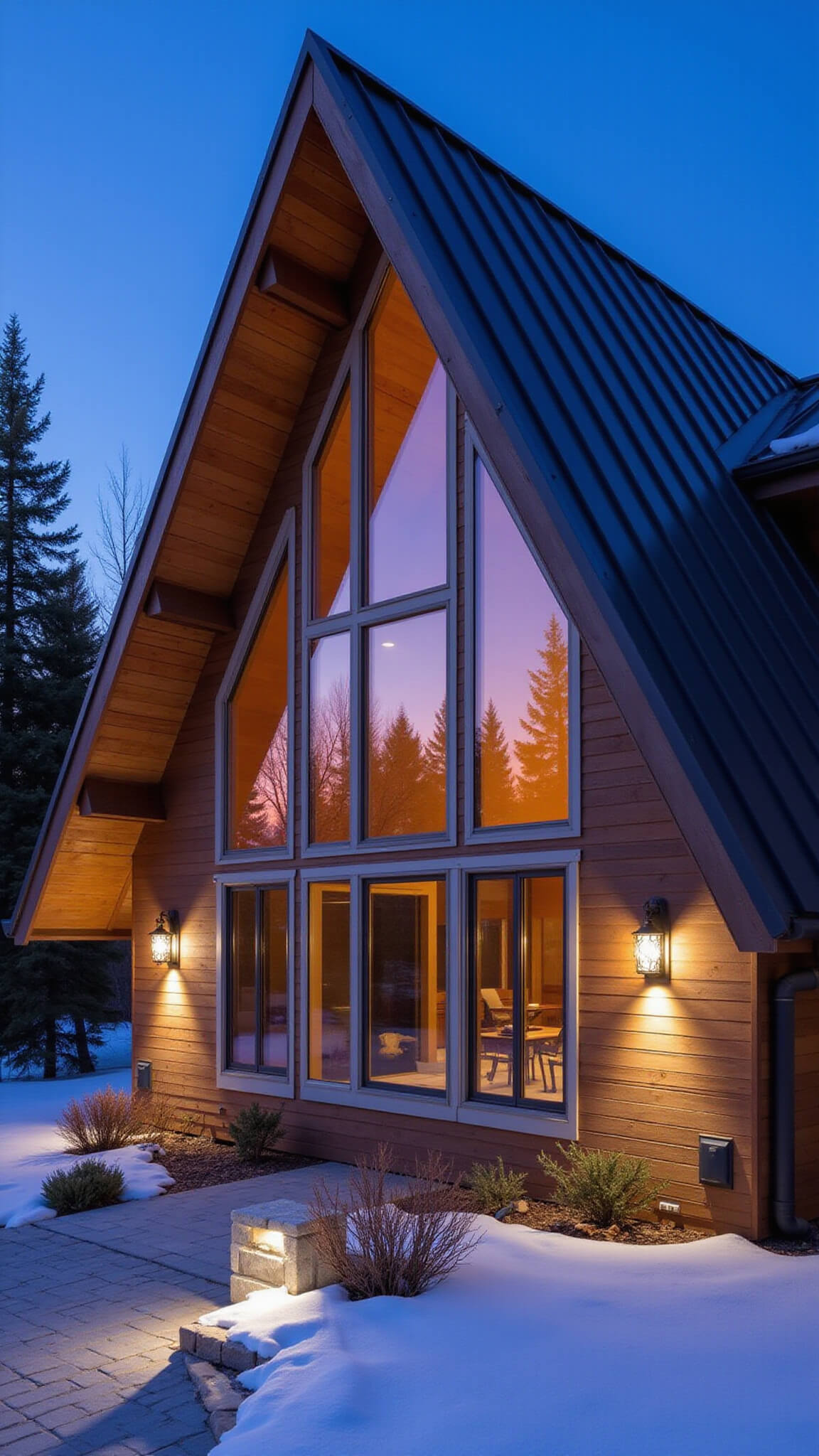 Dramatic Alpine A-frame cabin with charcoal metal roof and cedar siding, lit at blue hour with glowing pathway and sconce lights, against a twilight sky.