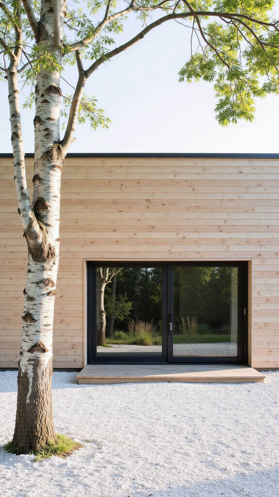 Minimalist Scandinavian cabin with pale pine siding, black accents, large centered glass doors, white gravel, and a birch tree in morning light.