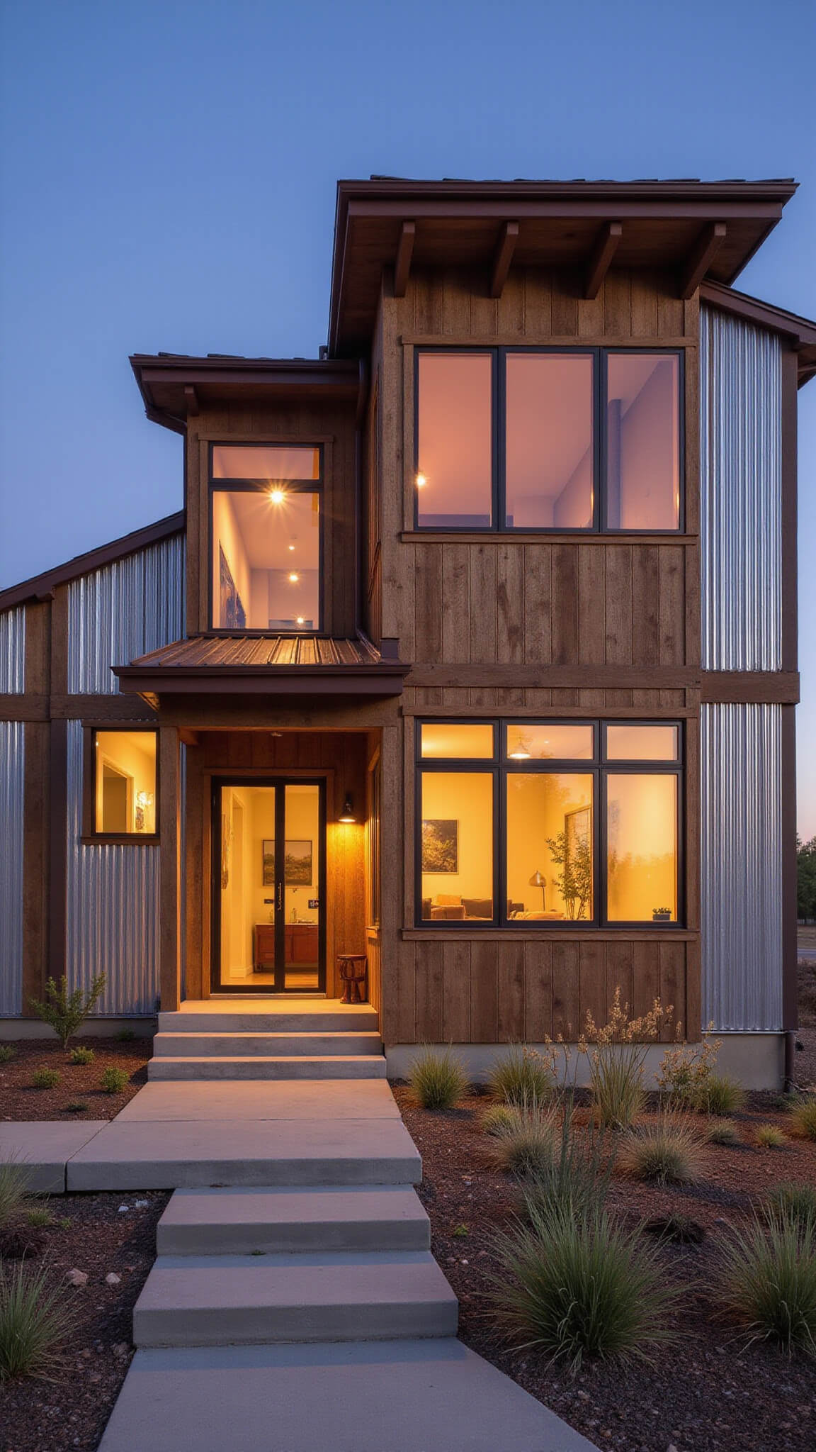 Modern rustic cabin at sunset with corrugated metal and reclaimed wood exterior, glowing double-height windows, floating concrete and steel steps, Corten steel accents, and drought-tolerant landscaping.