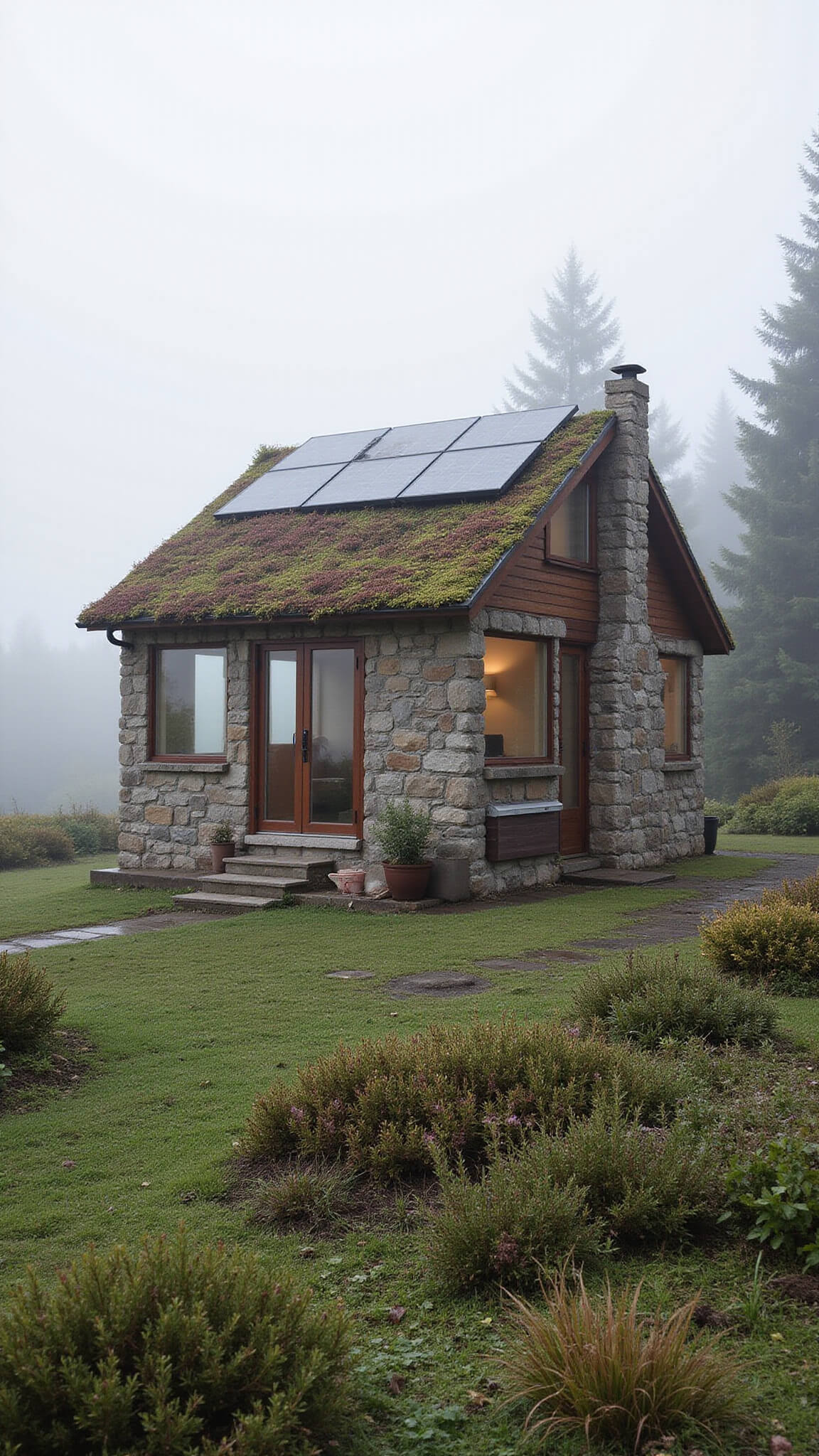 Sustainable cabin with living roof, solar panels, and native landscaping in morning mist.