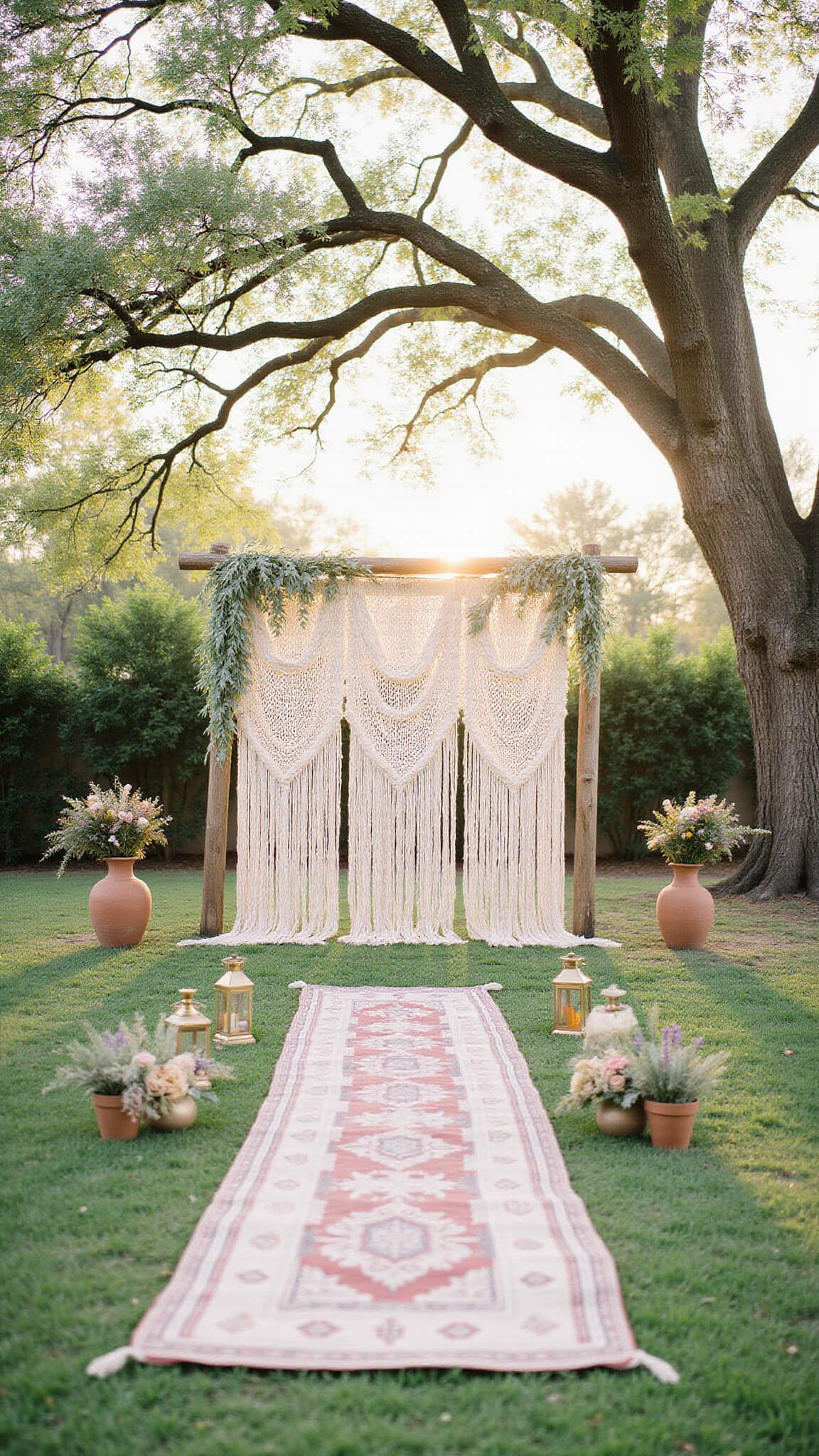 Low-angle view of dreamy boho garden ceremony space with macramé backdrop, Persian rug aisle, pampas grass, brass lanterns, and terracotta floral arrangements bathed in golden hour light.