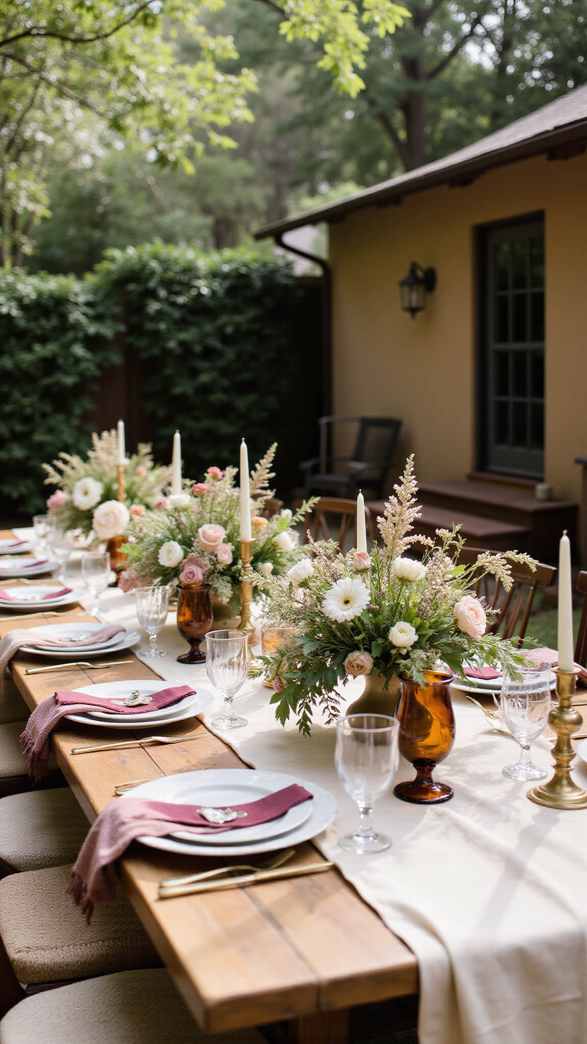 Bohemian outdoor reception table with vintage china, wildflower centerpiece in amber glass, brass candlesticks, and crystal glasses on a 15ft wooden table with macramé-cushioned chairs.