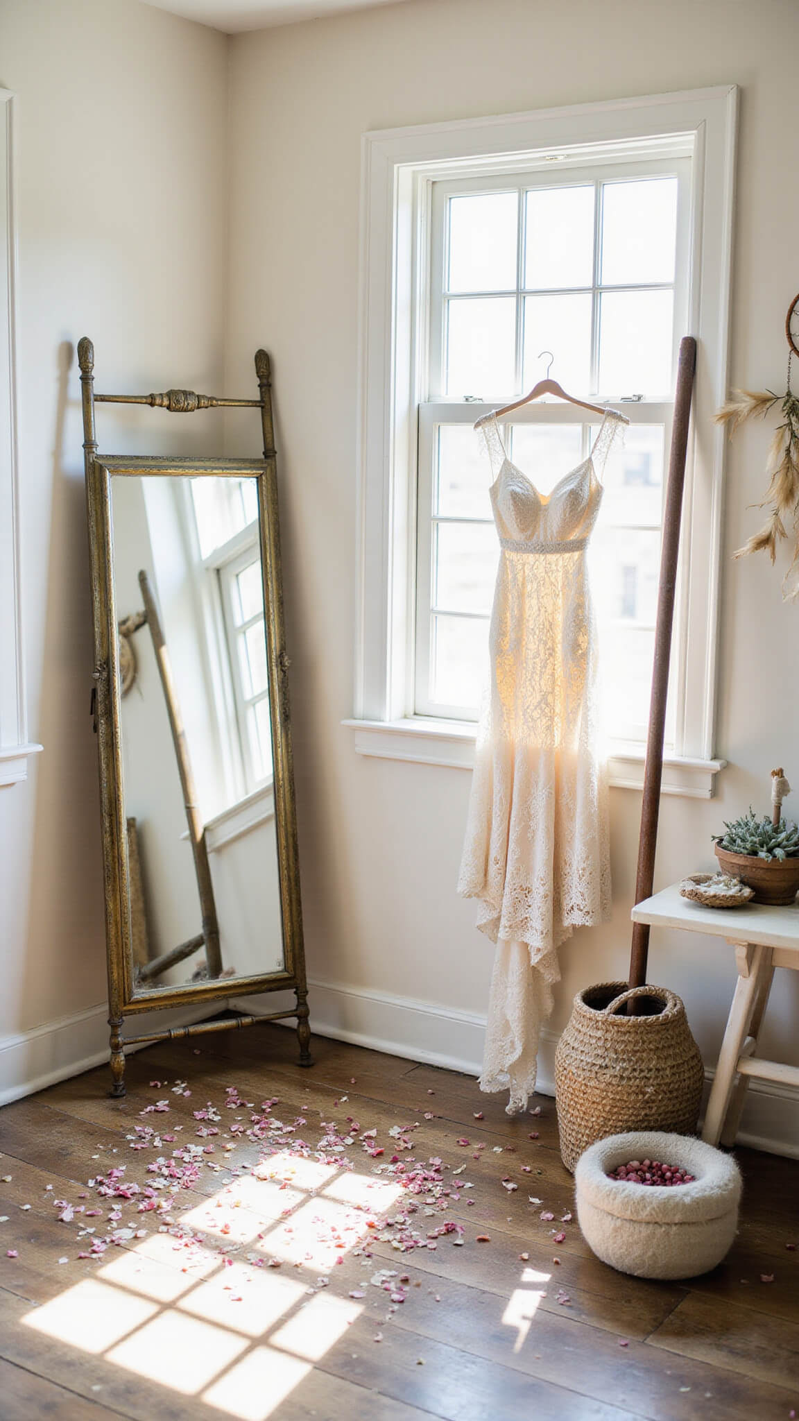 Boho bridal suite with lace dress hanging from antique ladder, vintage mirror, dried petals on wooden floor, and sunlight streaming through floor-to-ceiling windows.