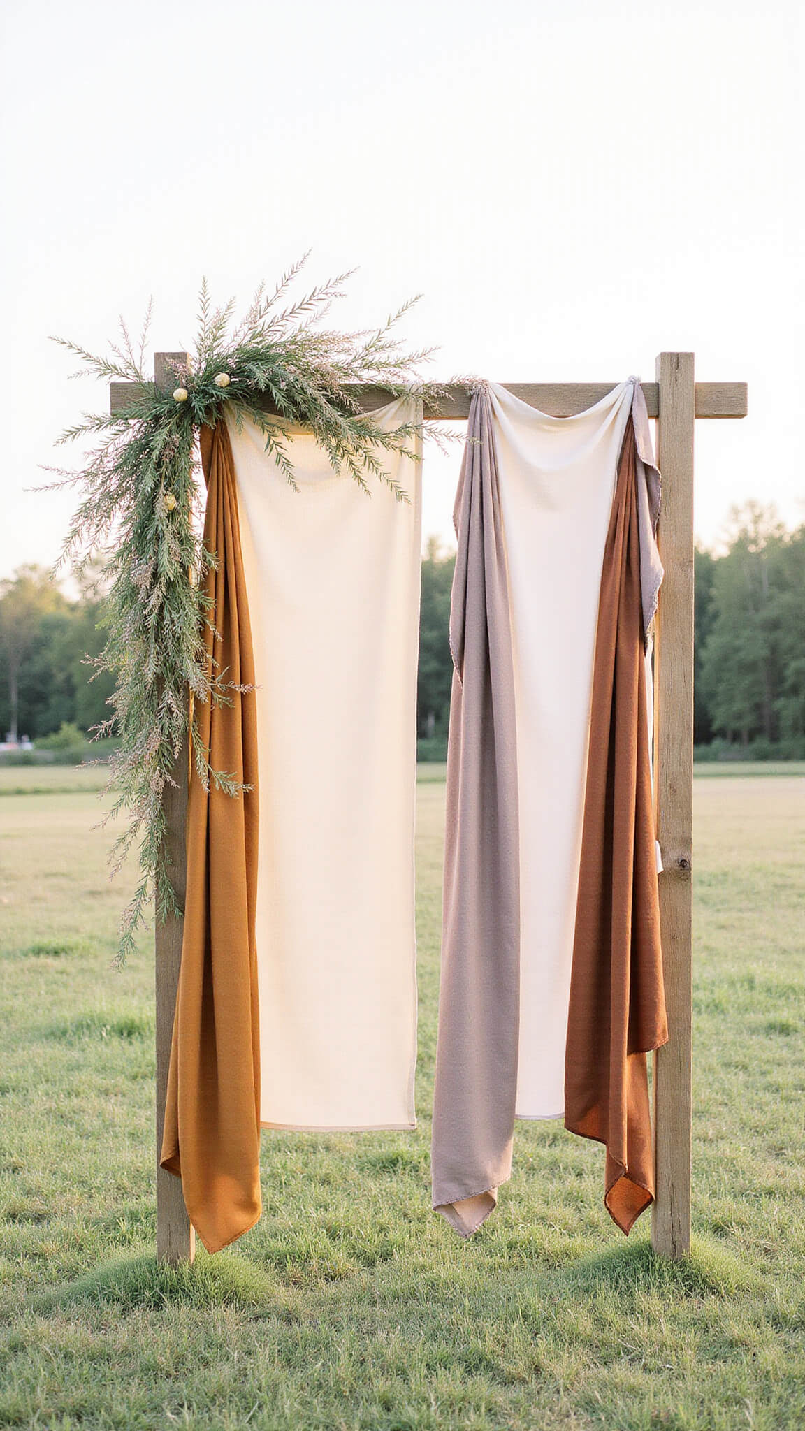 Asymmetrical 8ft wooden arch in meadow, adorned with wild vines, pampas grass, and hand-dyed fabric panels, surrounded by golden-hour landscape in earthy tones.