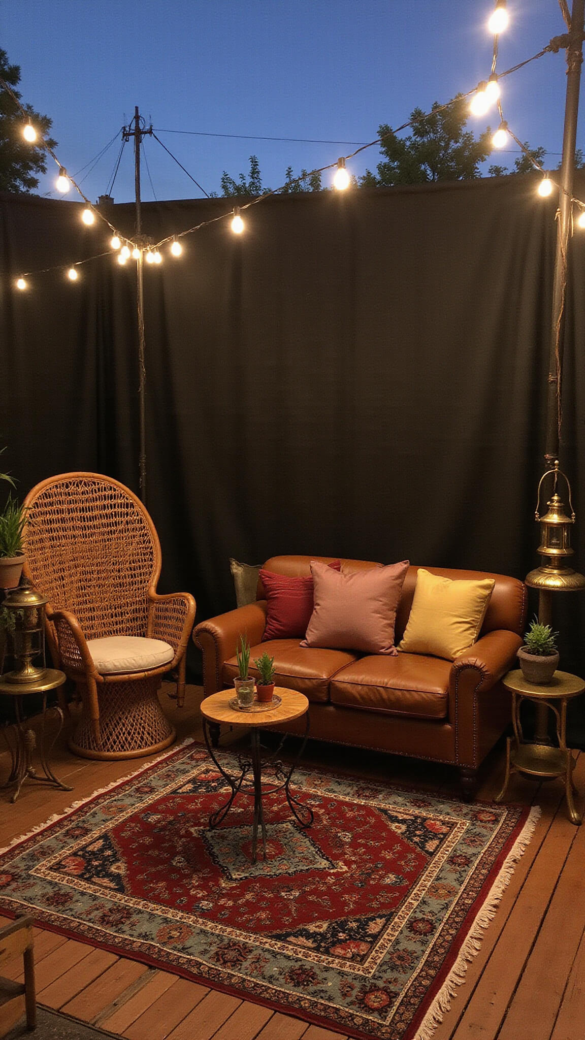 Vintage lounge seating area with cognac leather sofa, rattan peacock chair, layered Turkish rugs, and brass side tables under dusk string lights.