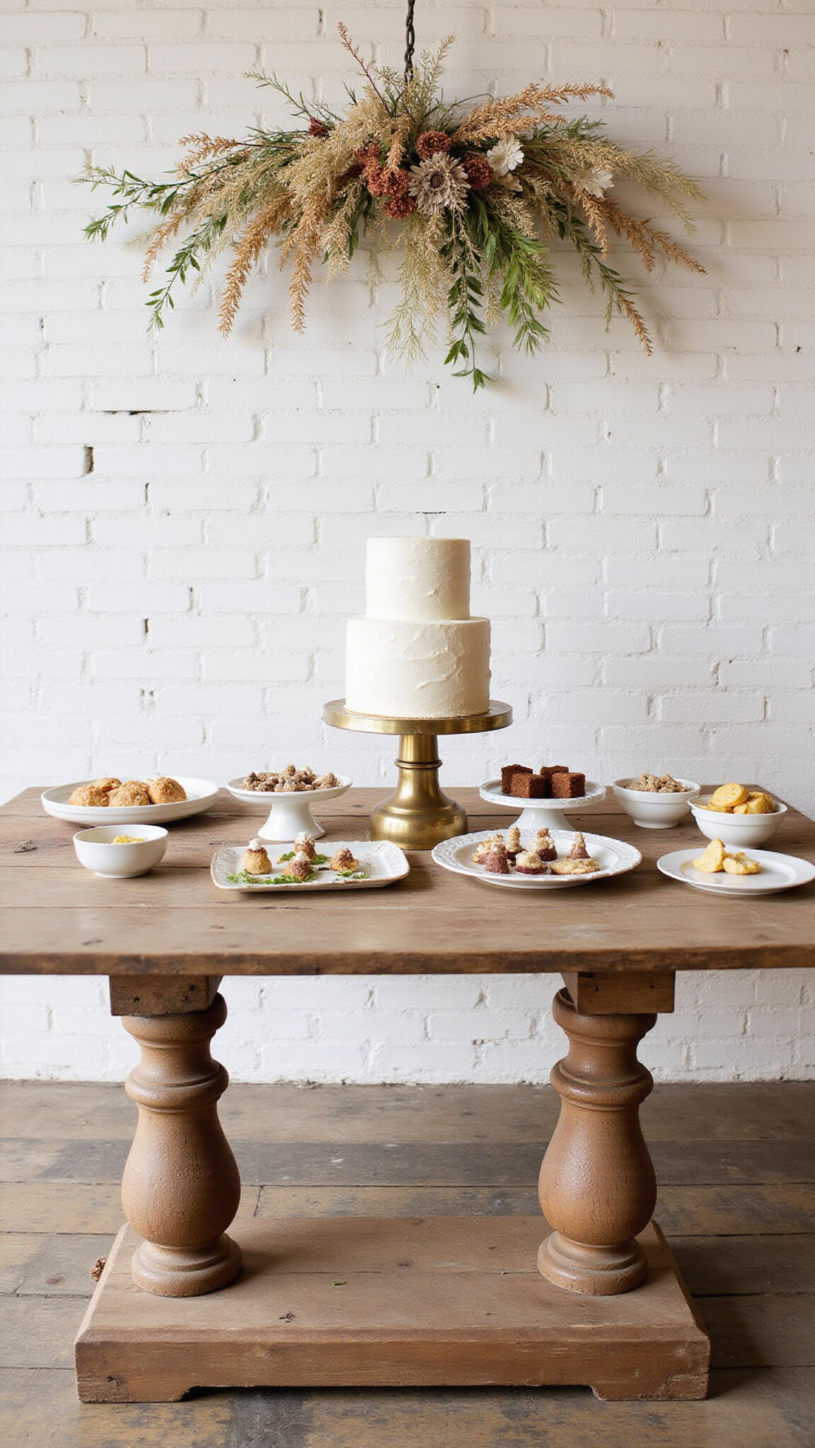 Boho dessert display on 8ft reclaimed wood table with nearly-naked cake on vintage brass stand, surrounded by artisanal desserts on mismatched ceramic plates, set against a whitewashed brick wall with cascading dried flowers.