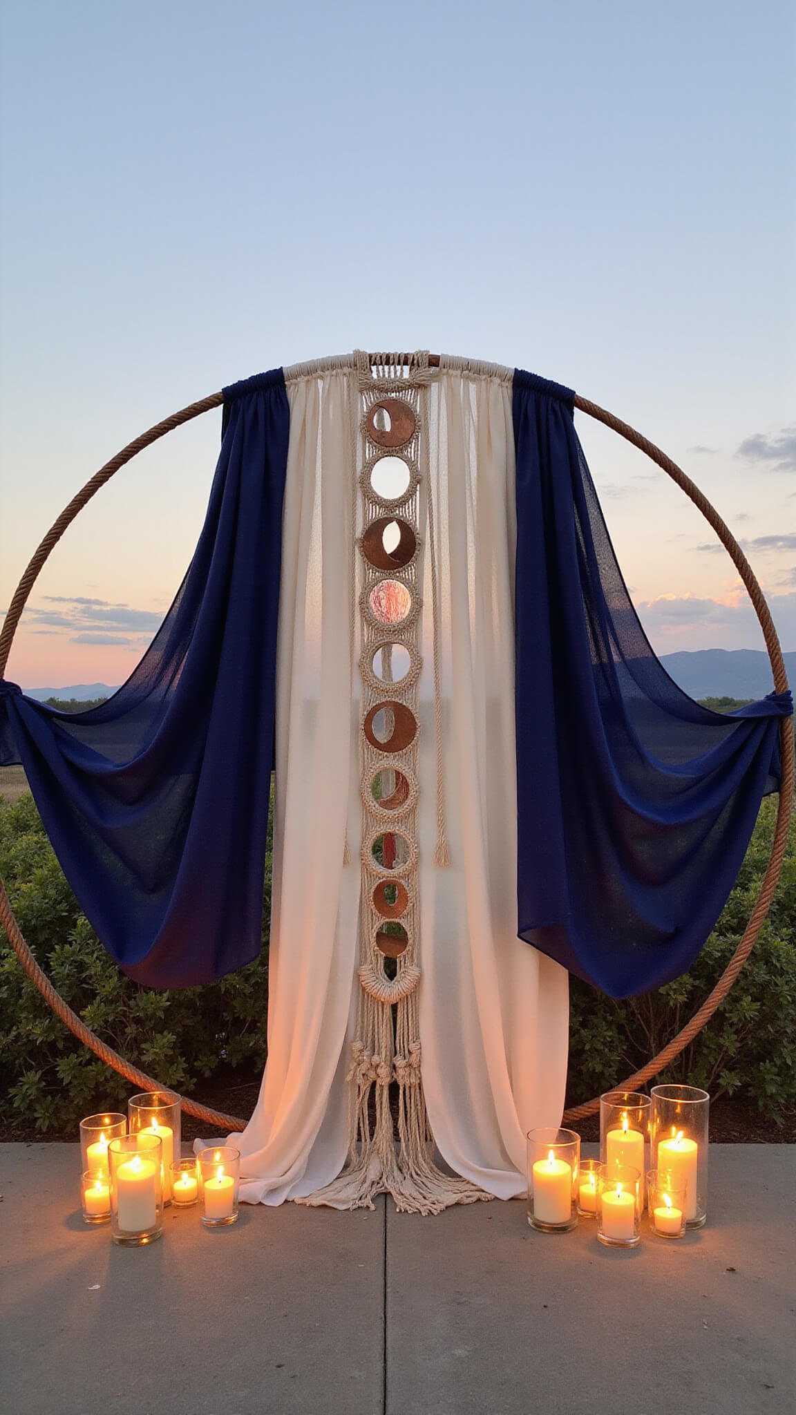 Celestial-themed circular backdrop with macramé, copper moon phases, and draped fabric, framed by pillar candles in glass, shot upward against a sunset sky with twinkling lights.