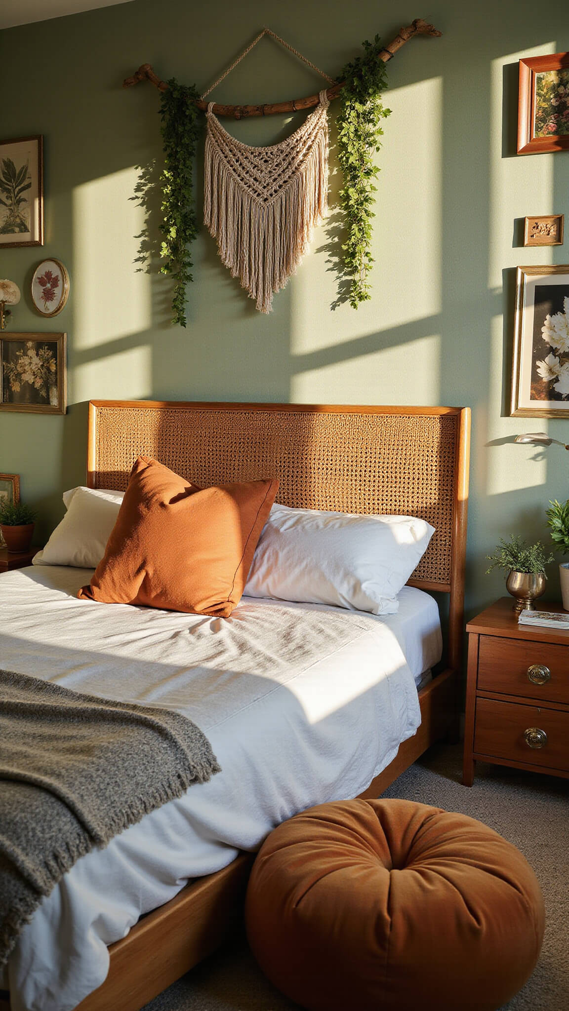 Boho-inspired 12x12ft bedroom at sunrise with sage green wallpaper, rattan headboard, macramé decor, trailing plants, metallic botanical frames, and Moroccan poufs in rust and ochre.