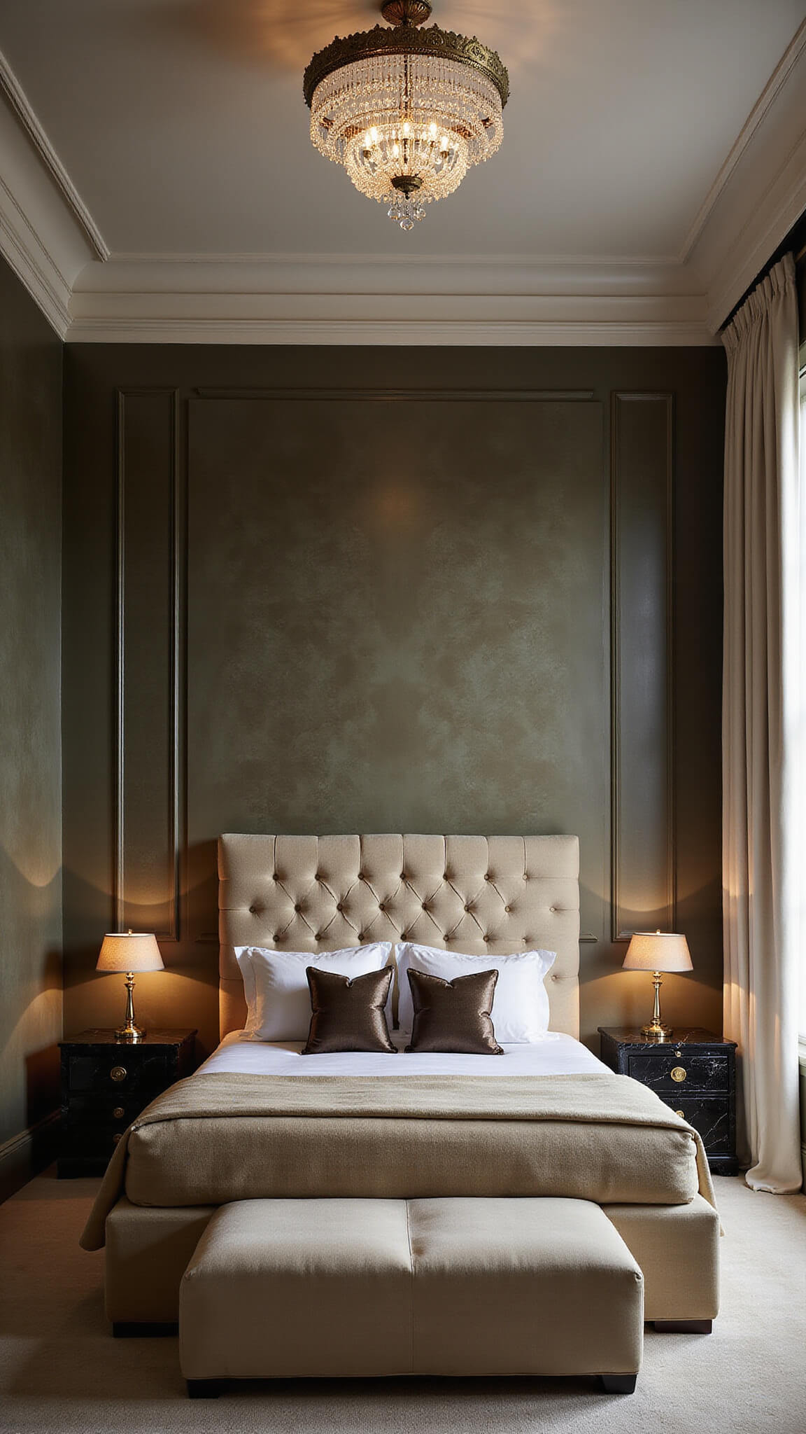 Luxurious primary suite at dusk with dark olive silk plaster walls, champagne velvet tufted king bed, black marble side tables, crystal chandelier, and ivory silk drapes, captured from above with dramatic side lighting.