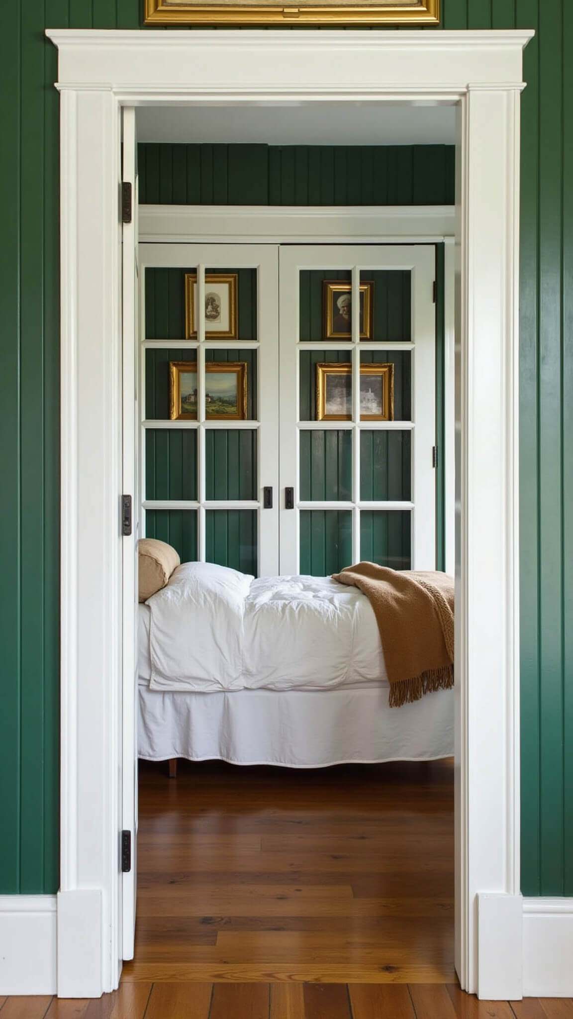 Cozy 10x12ft guest bedroom with forest green paneling, brass daybed, vintage art, and soft natural lighting.