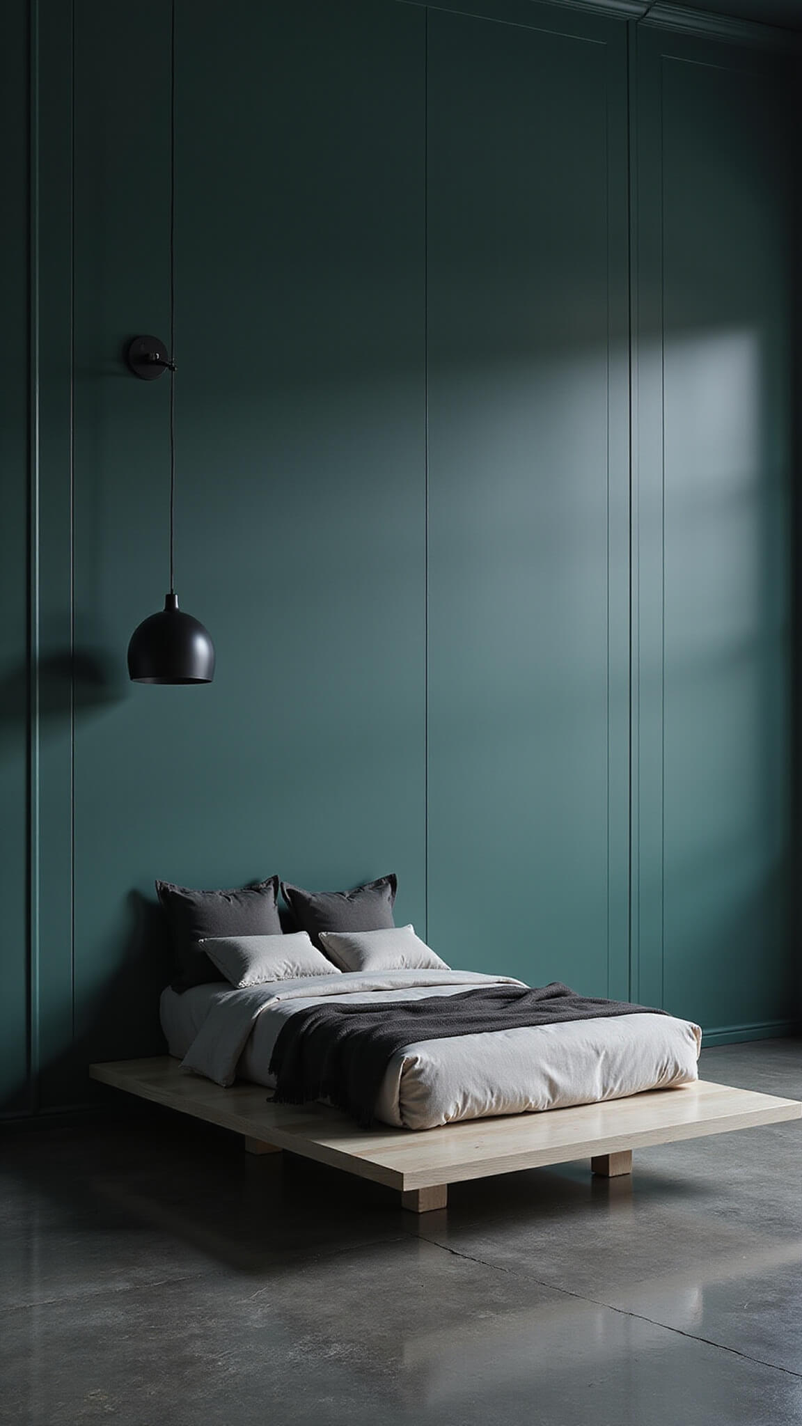 Modern minimalist bedroom with emerald walls, platform bed, sculptural lighting, and twilight ambiance.