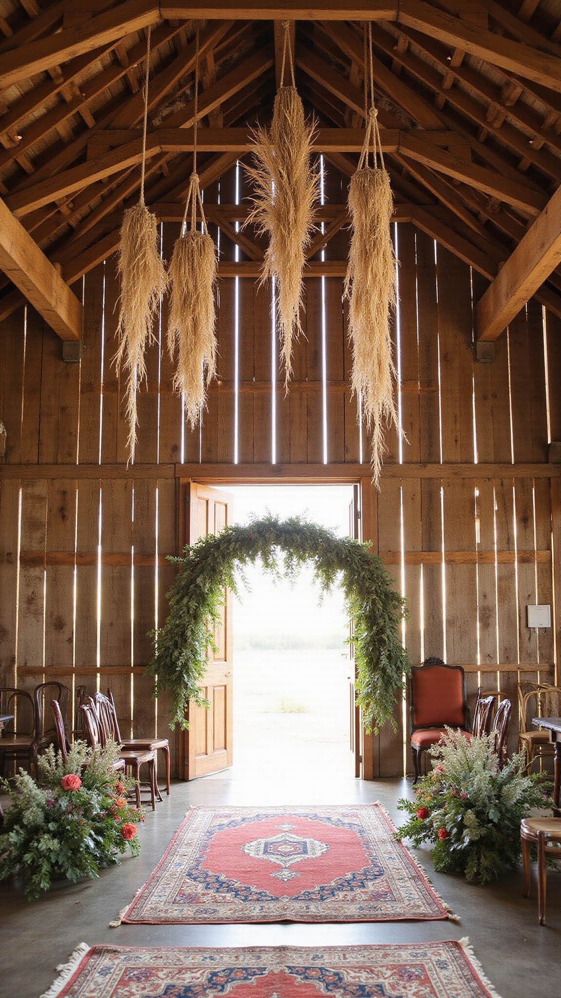 Low-angle view of rustic barn interior during golden hour with sunlight filtering through wooden slats, highlighting macramé, pampas grass, fairy lights, vintage rugs, and wildflower-decorated arch.
