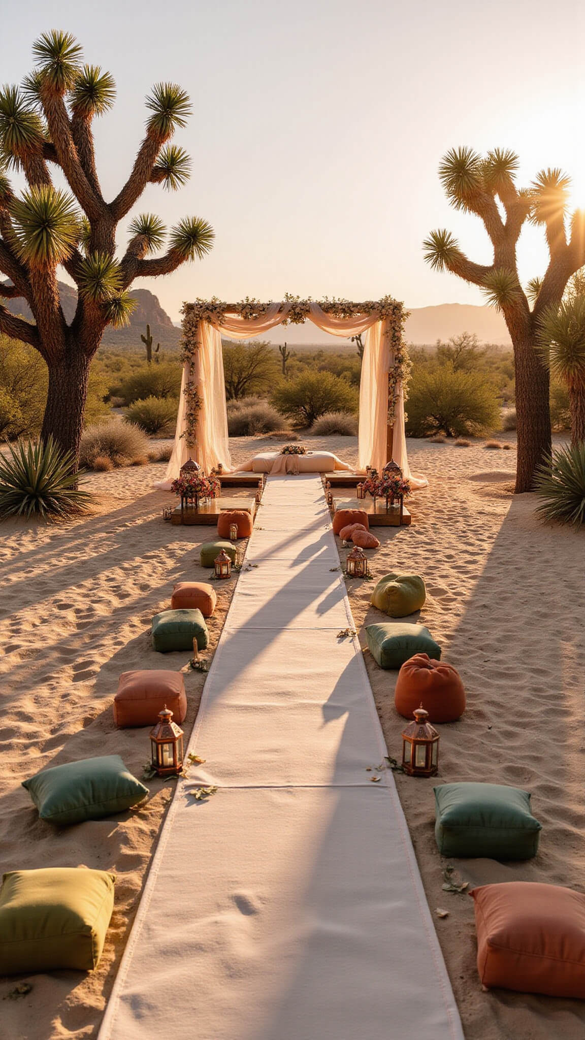 Drone view of desert sunset ceremony with circular seating of cushions and poufs, copper arch with sheer fabric, lantern-lined aisle, and Joshua trees surrounding.