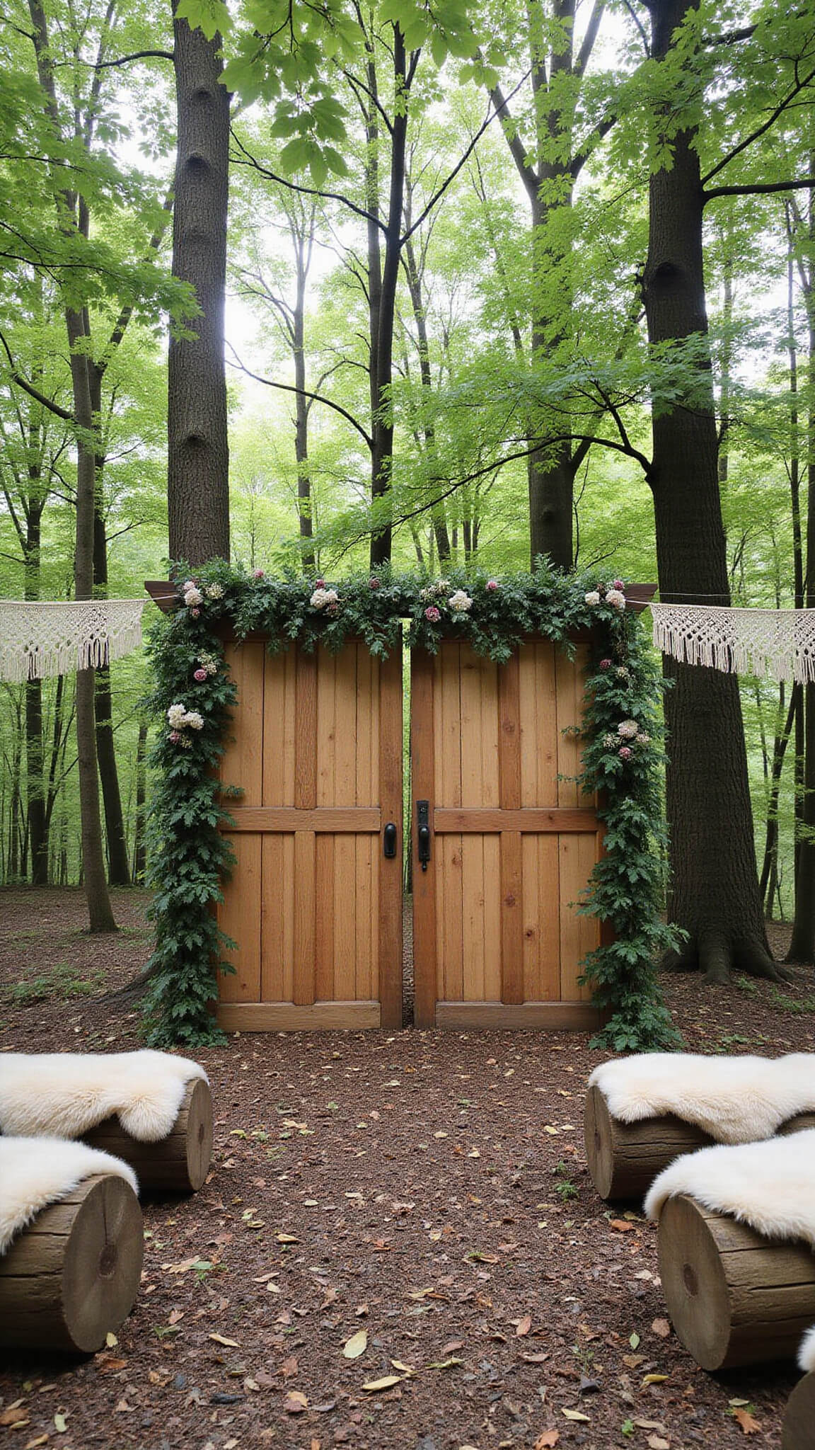 Woodland clearing with vintage door altar, wildflower and vine decor, log benches with sheepskin throws, and macramé bunting in dappled mid-morning sunlight.