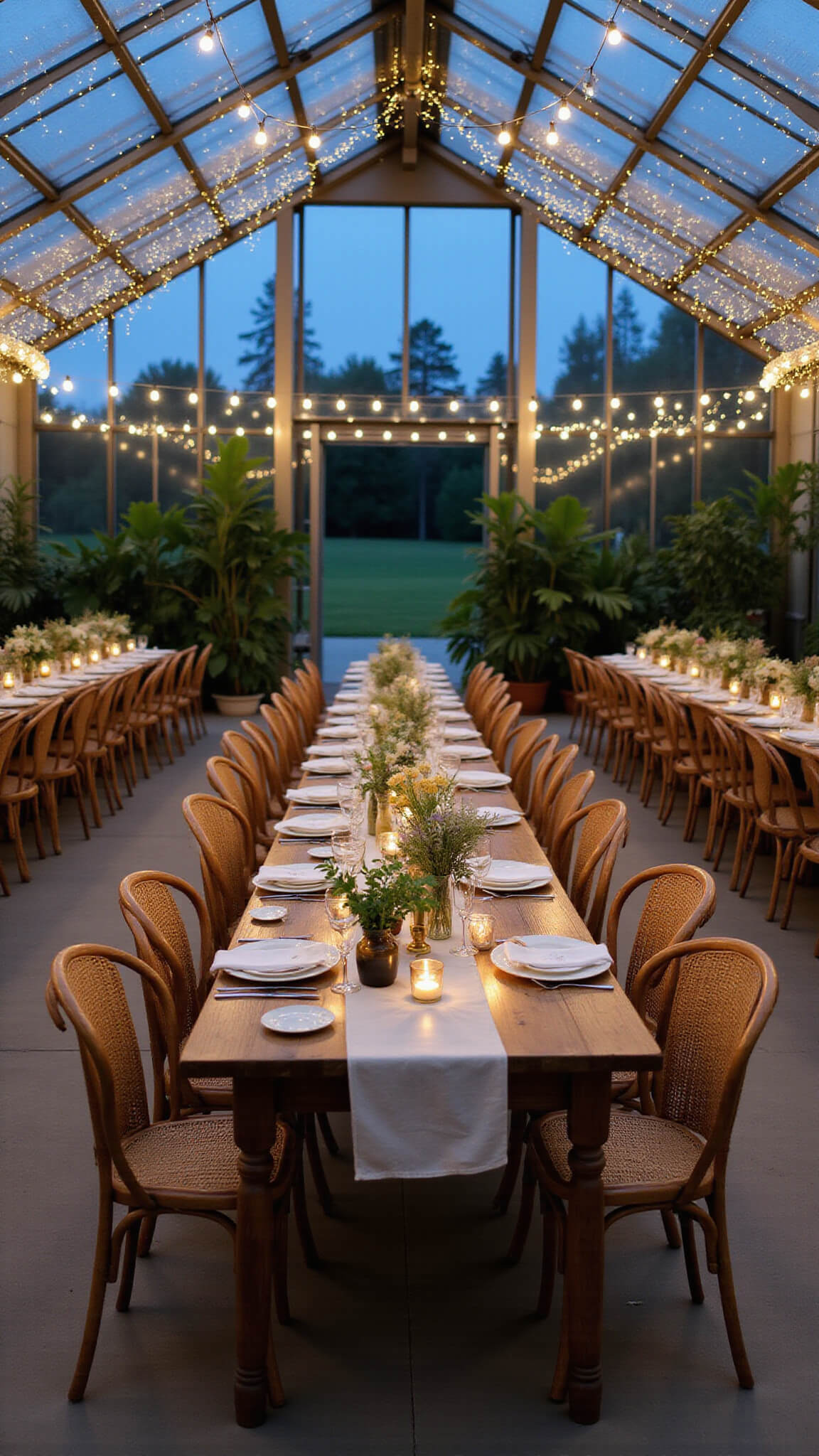 Blue hour botanical greenhouse with 40ft glass ceiling draped in Edison bulbs, long farm tables with gauze runners, potted herbs, vintage brass candlesticks, wild floral arrangements in glass vessels, and rattan peacock chairs at sweetheart table in emerald, brass, cream, and midnight blue tones.