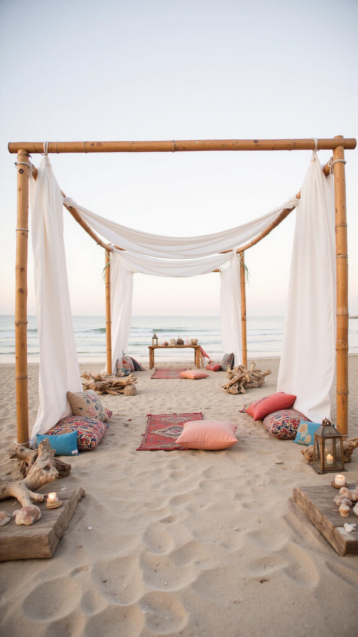Beachfront lounge with bamboo pergola draped in white fabric, low wooden platforms with floor cushions and Kilim pillows, lantern-lit driftwood paths, and shell and crystal decor in sandy, blue, and coral tones at sunset.
