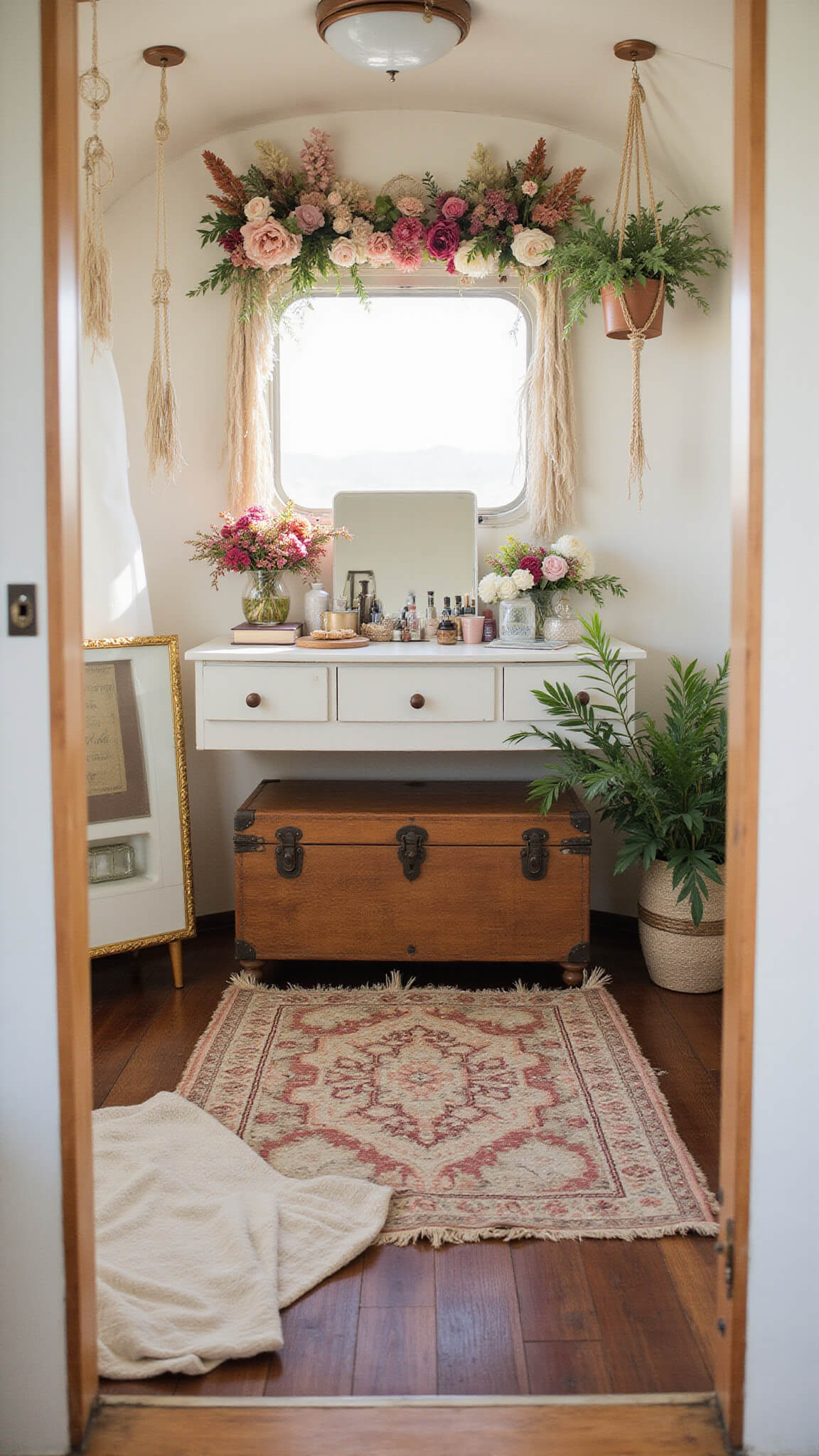 Bridal prep area in a converted Airstream with vintage vanity, dried flowers, dreamcatchers, Moroccan rugs, and rose-toned decor seen through doorway.