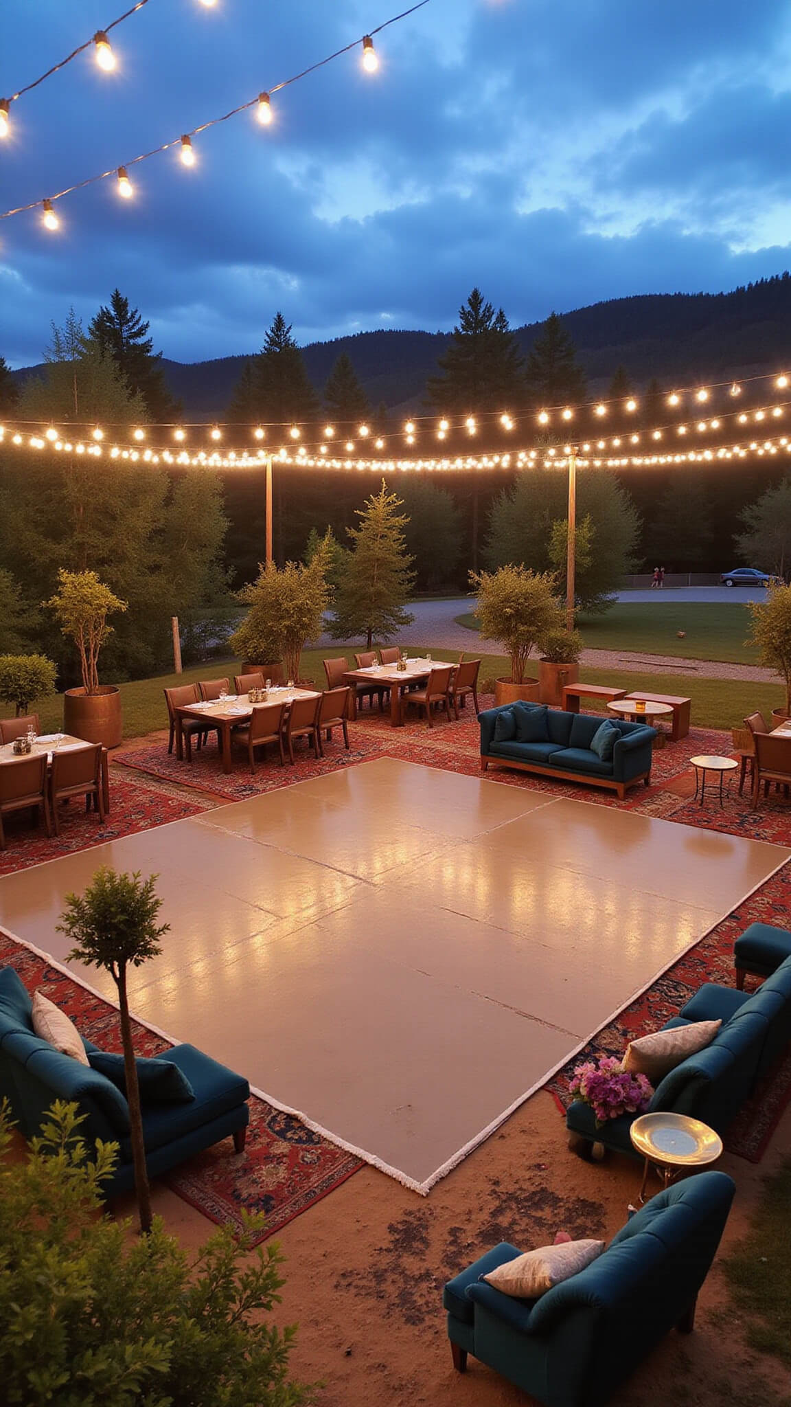 Elevated view of evening outdoor dance floor with Persian rugs and market lights, surrounded by vintage lounge furniture, brass tables, copper fire pits, and jewel-toned accents with visible light trails.
