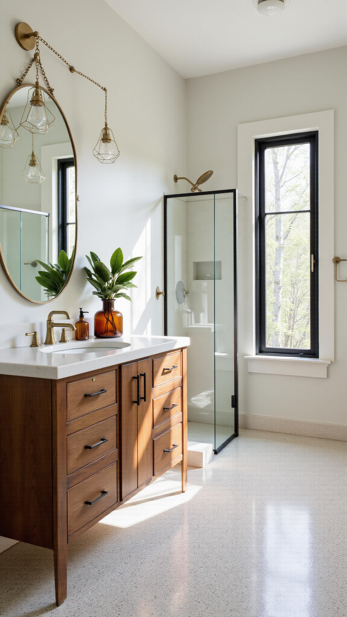 Spacious modern bathroom with terrazzo flooring, walnut floating vanity, brass accents, and floor-to-ceiling windows bringing in soft morning light.