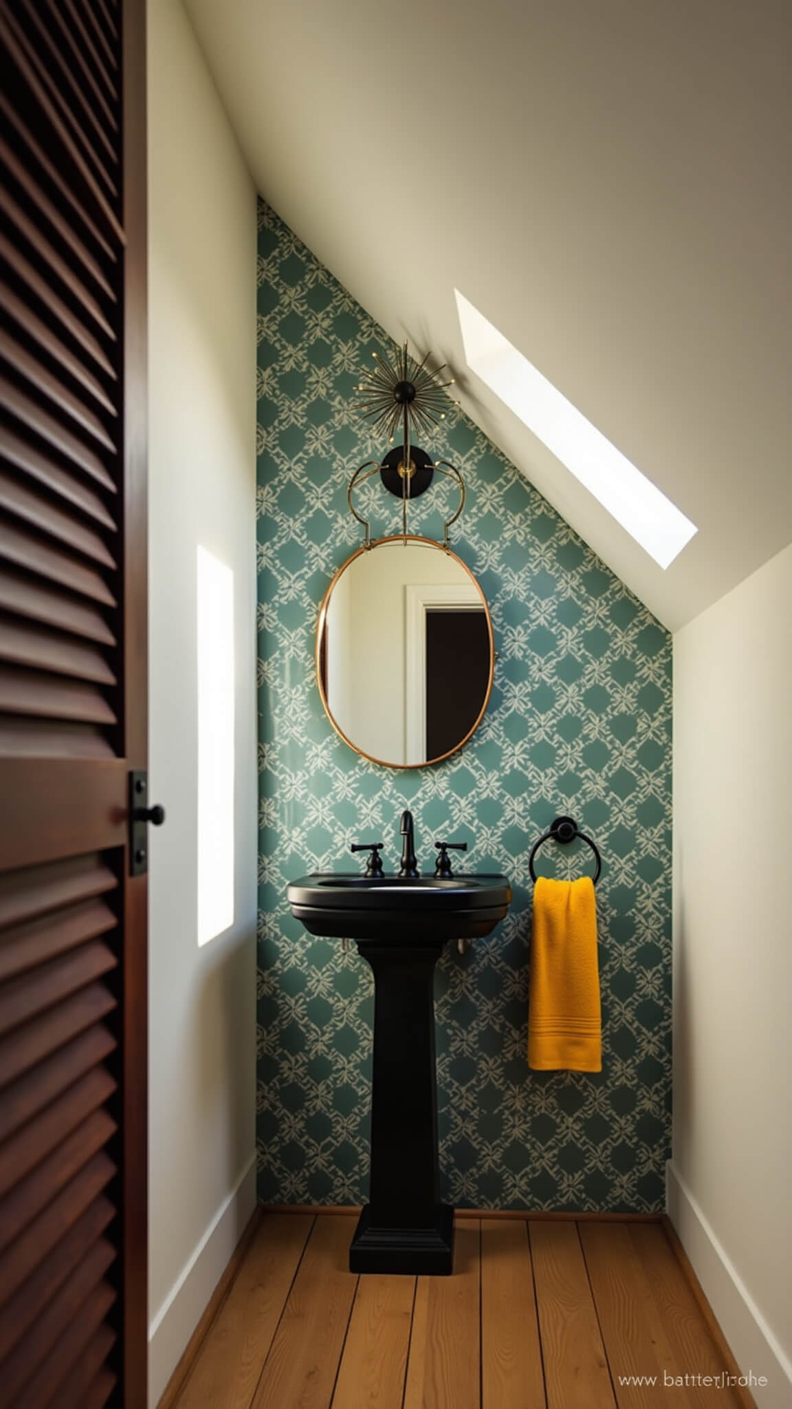 Low-angle view of dramatic 10x12ft bathroom with black pedestal sink, geometric teal and white tiled accent wall, Sputnik chandelier shadows, slanted ceiling, mahogany privacy screen, mustard yellow towels, and matte black fixtures.