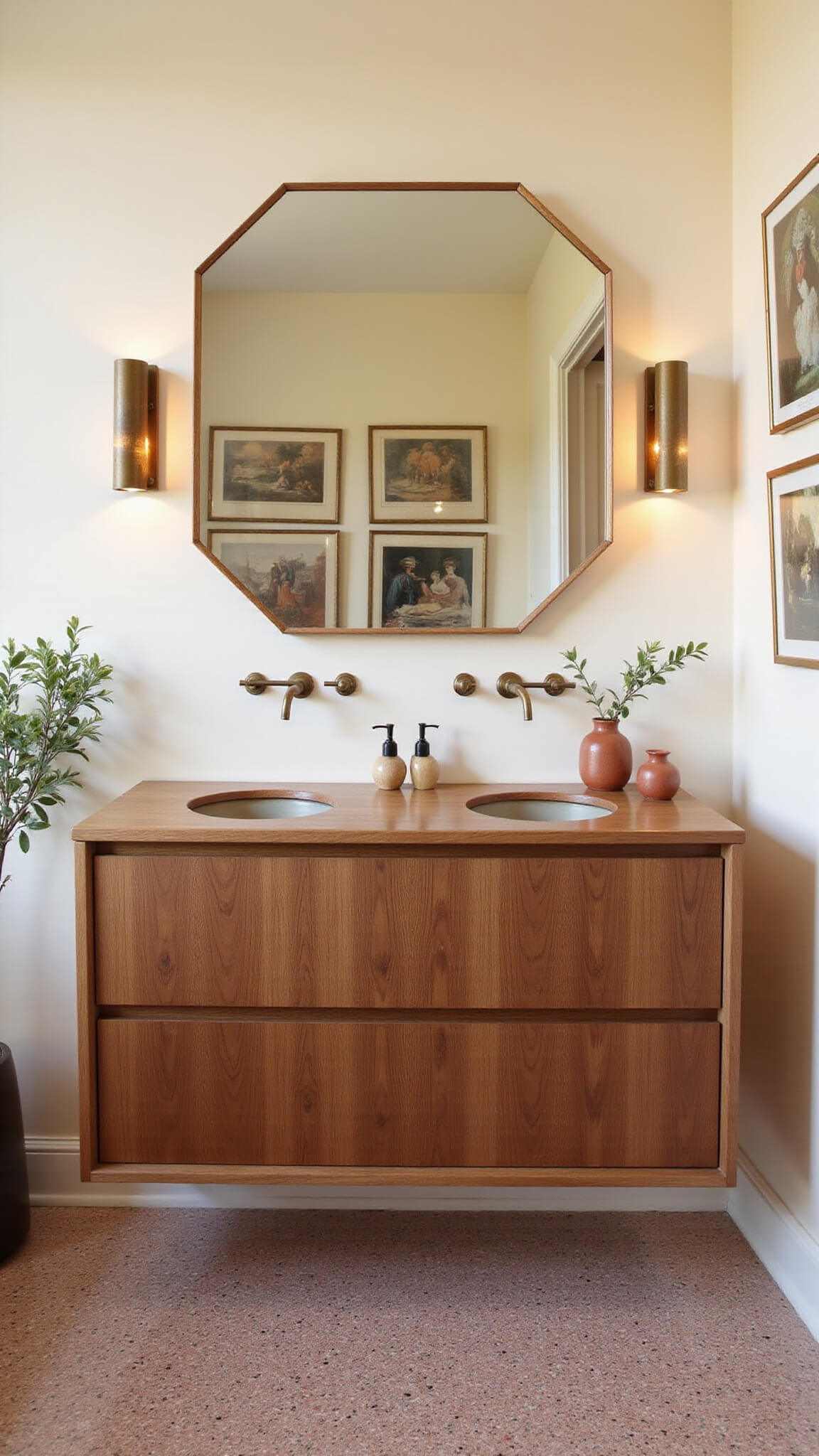 Golden hour bathroom with floating walnut double vanity, brass accents, terrazzo floor, hexagonal mirror, vintage art prints, and ceramic decor.