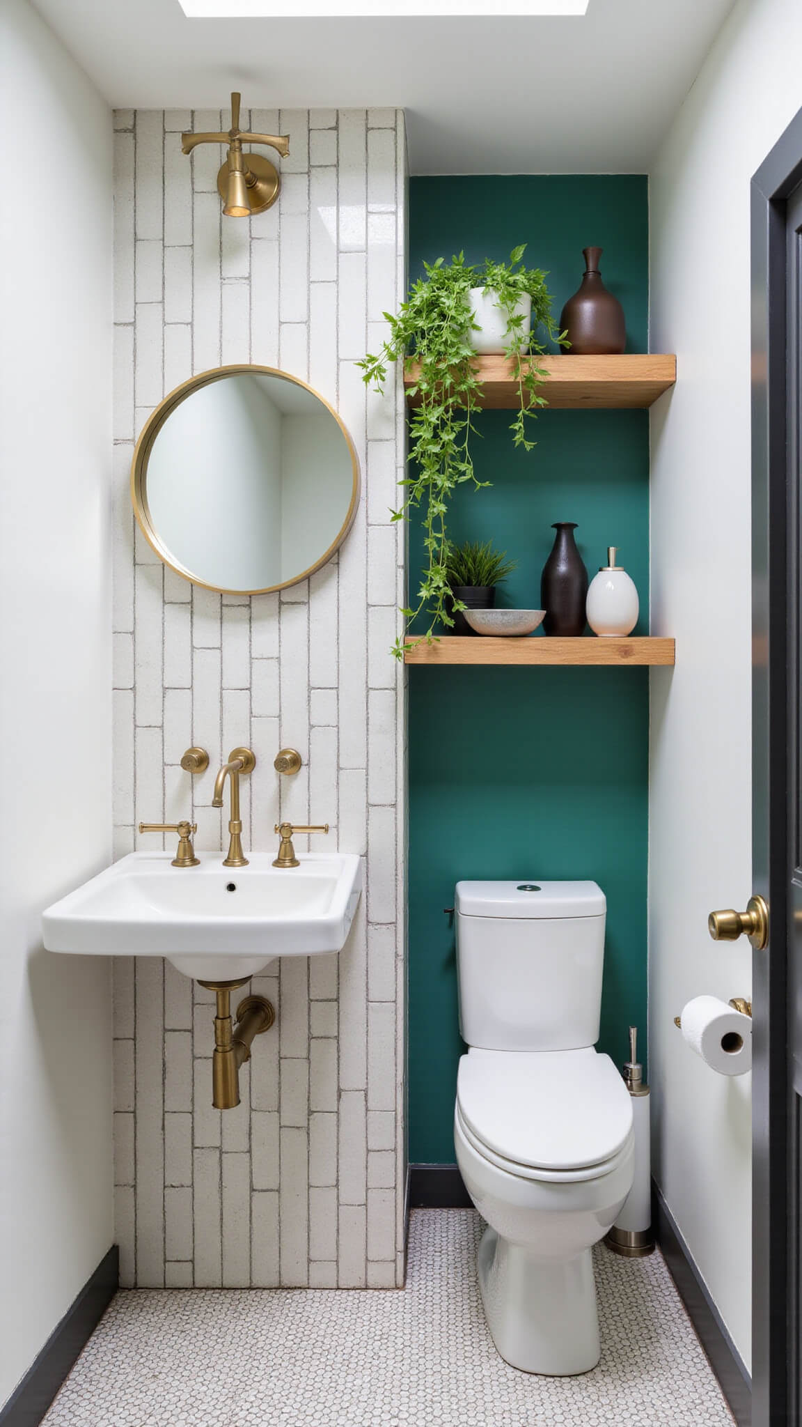 Compact 6x8ft bathroom with white penny tile floor, jade green accent wall, brass fixtures, floating round mirror, and skylight-lit minimal styling.