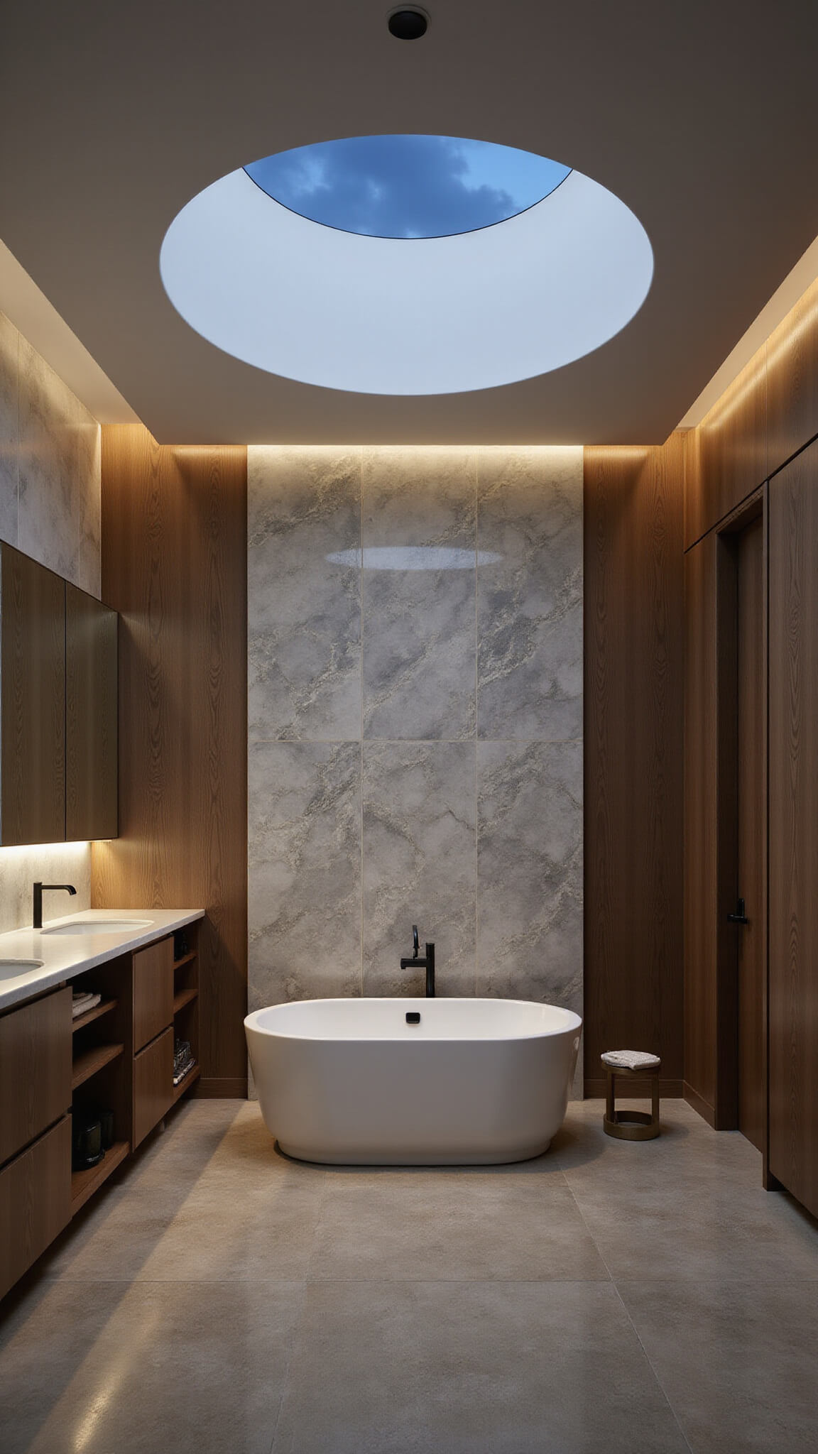 Luxury bathroom at dusk with freestanding tub under circular skylight, marble accent wall, walnut storage, and herringbone tile floor.