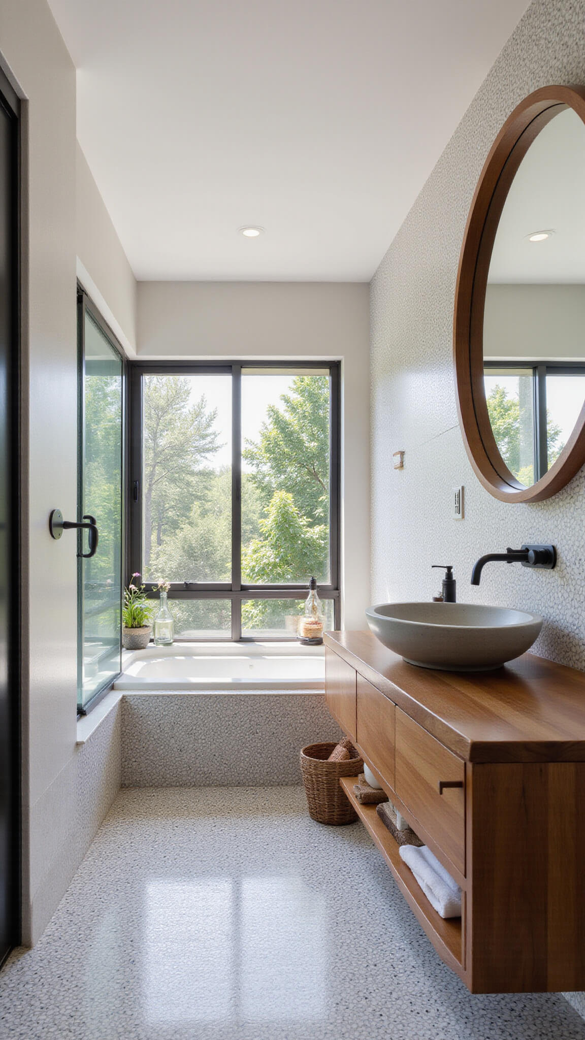 Split-level bathroom with morning light through privacy glass, geometric grey-white tiles, floating teak vanity, concrete sink, round lit mirror, and vintage decor.