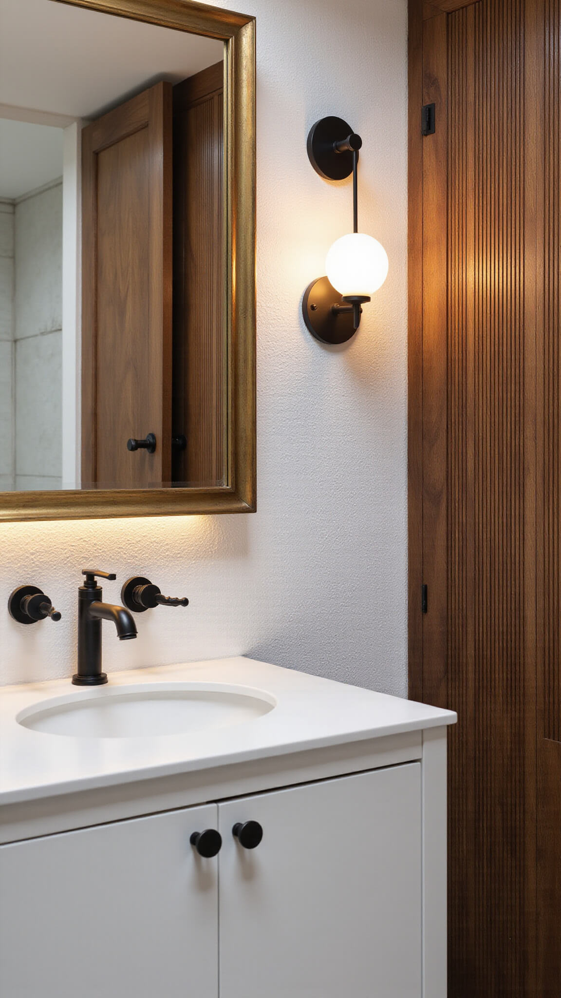 Close-up of walnut slat wall meeting white penny tile in modern bathroom, with brass medicine cabinet and matte black fixtures under warm evening lighting.
