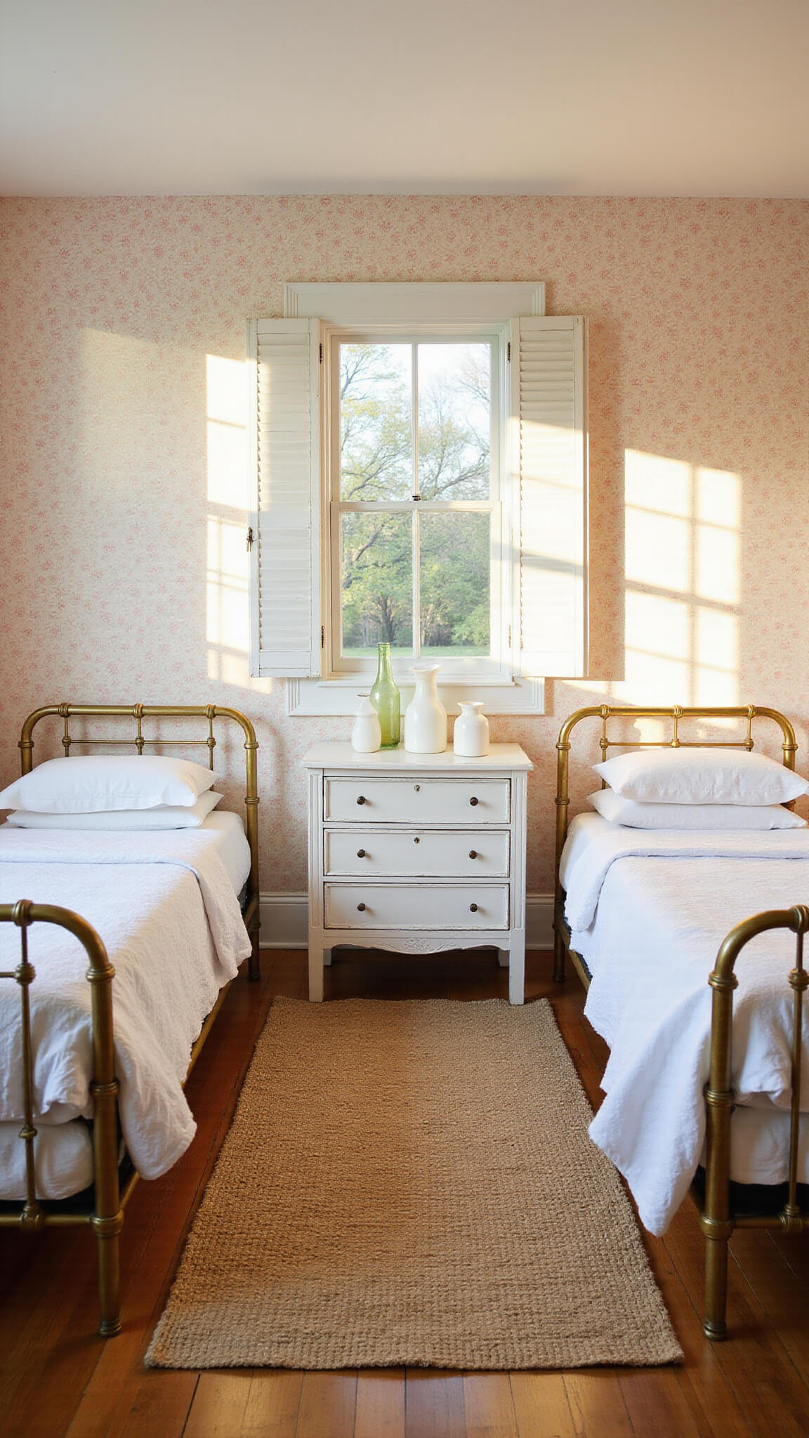 Cozy 12x12ft bedroom at golden hour with wildflower print wallpaper, twin brass beds, vintage quilts, white shutters, distressed dresser with milk glass vases, and braided jute rug.