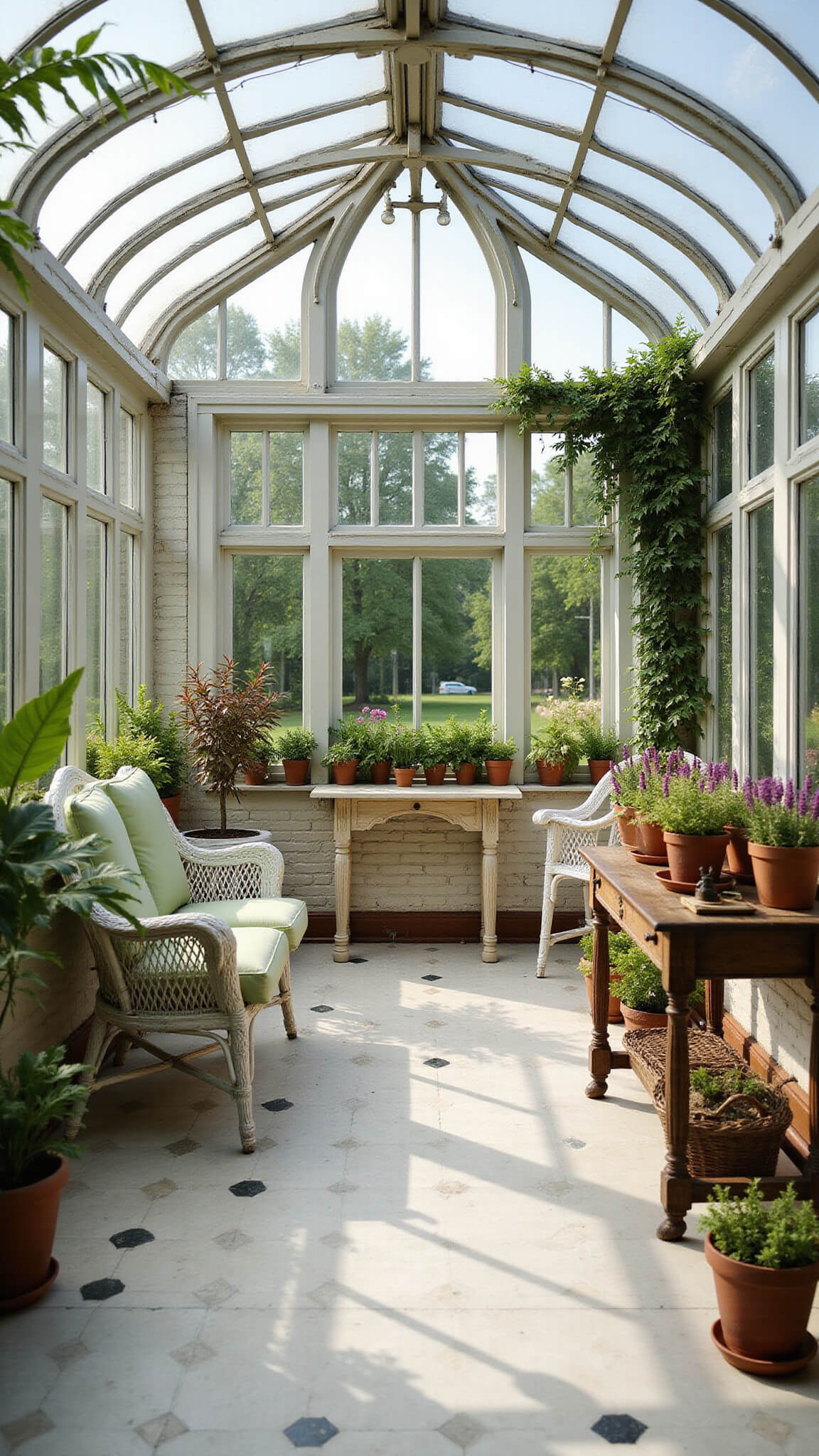 Low-angle view of a sunlit conservatory with a curved glass ceiling, white wicker furniture, terracotta pots of greenery, and a checkerboard marble floor.