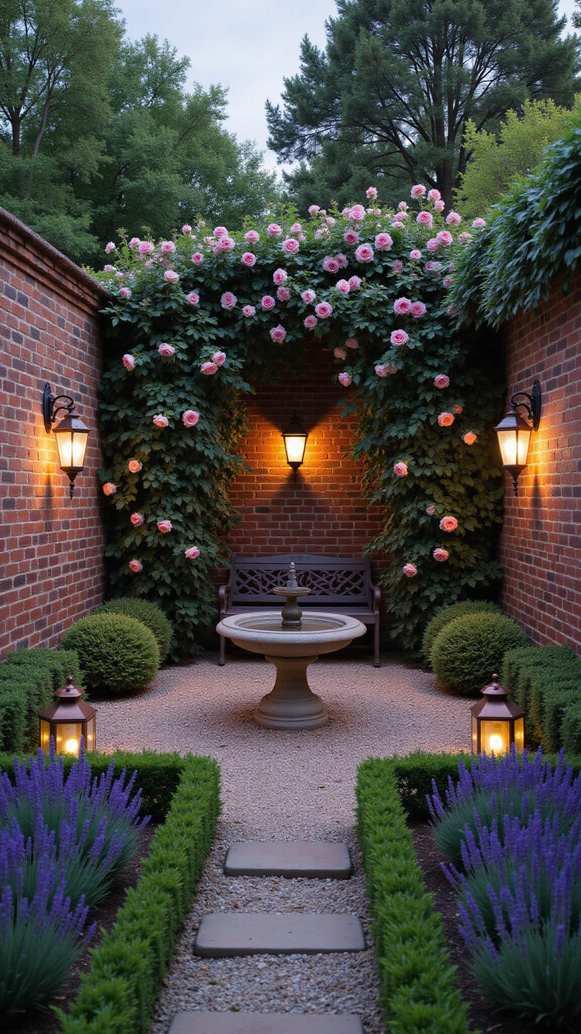 Twilight view of a romantic walled garden with rose-covered brick walls, central stone fountain, lavender beds, boxwood-lined gravel paths, glowing copper lanterns, and a wrought iron bench under a flowering arch.