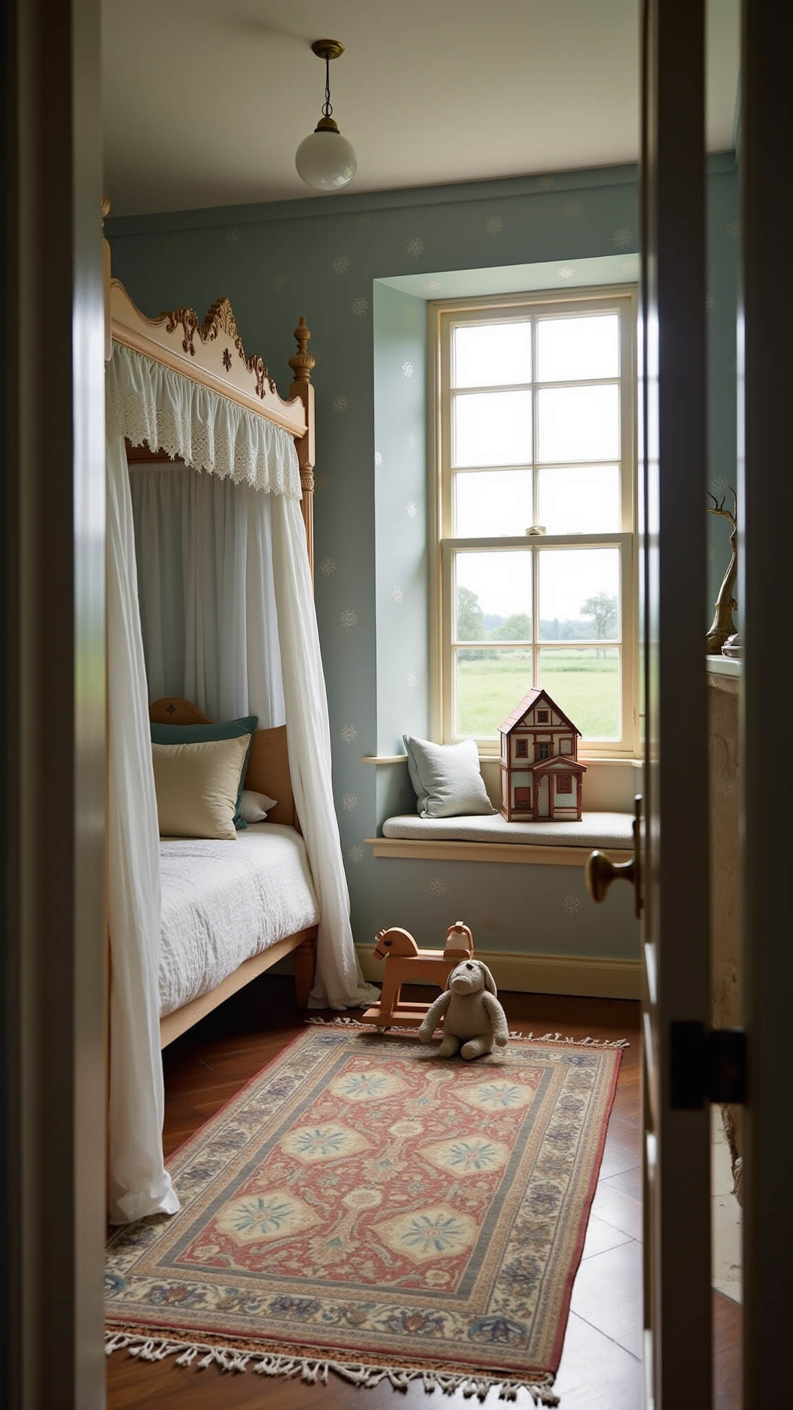 Child's bedroom at sunrise with four-poster bed, vintage toys, and bay window seat overlooking moors, bathed in natural morning light.