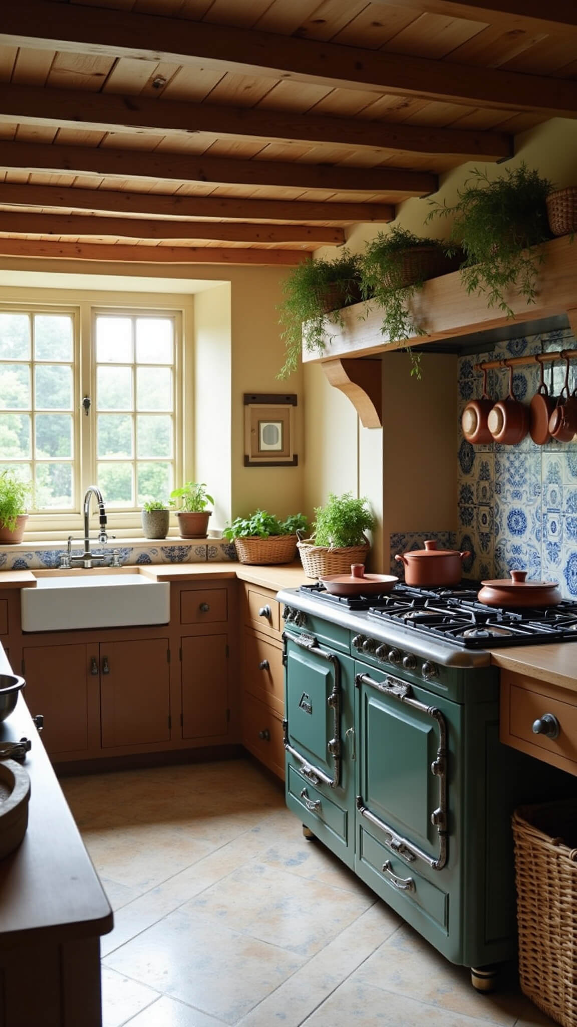 Cozy manor kitchen at dawn with exposed beams, hanging copper pots, Delft tiles, and soft light illuminating a butcher block island and herb bundles above a cream sink.