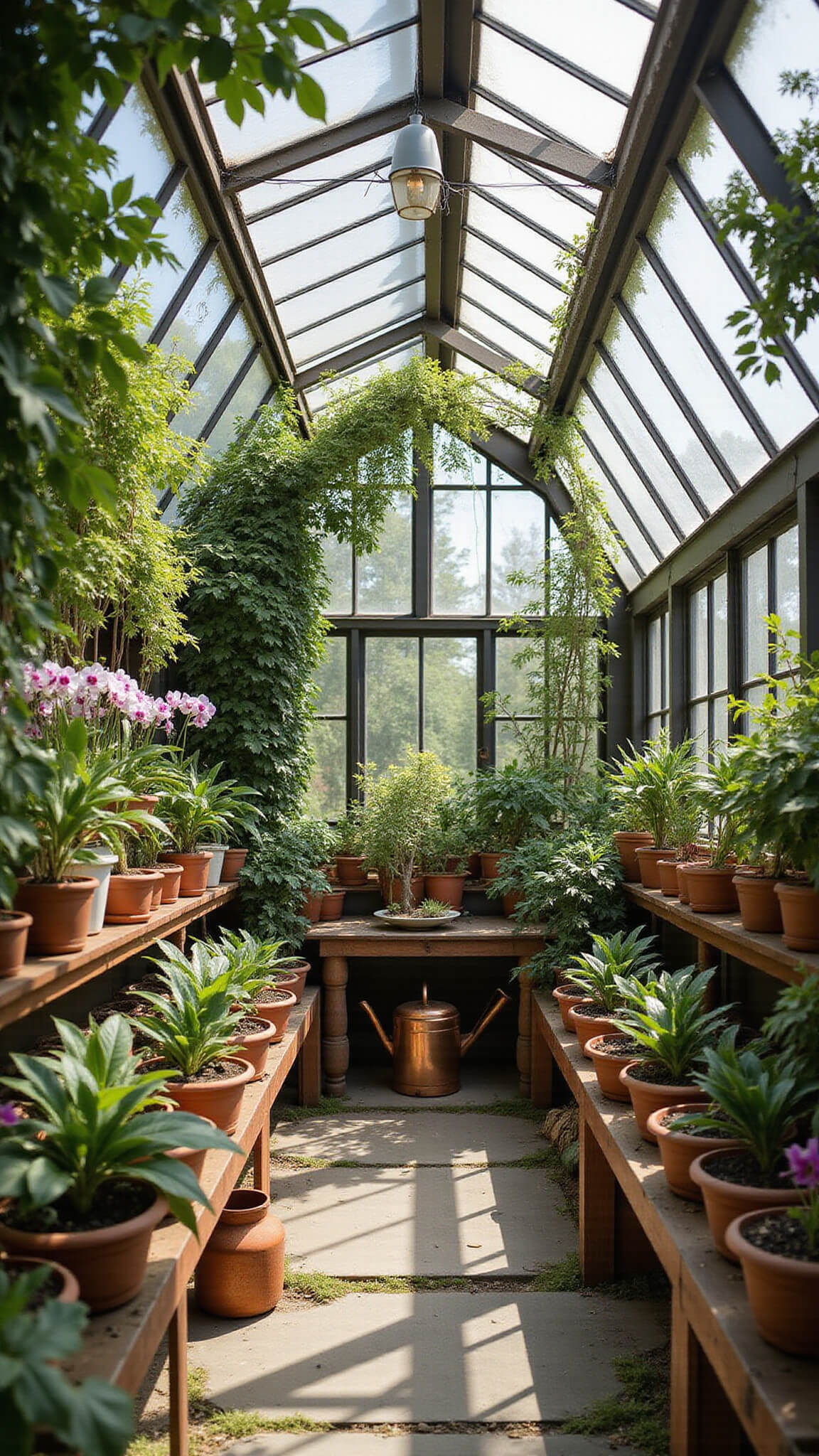 Victorian greenhouse interior with orchids, grapevines, and citrus trees under bright midday light.