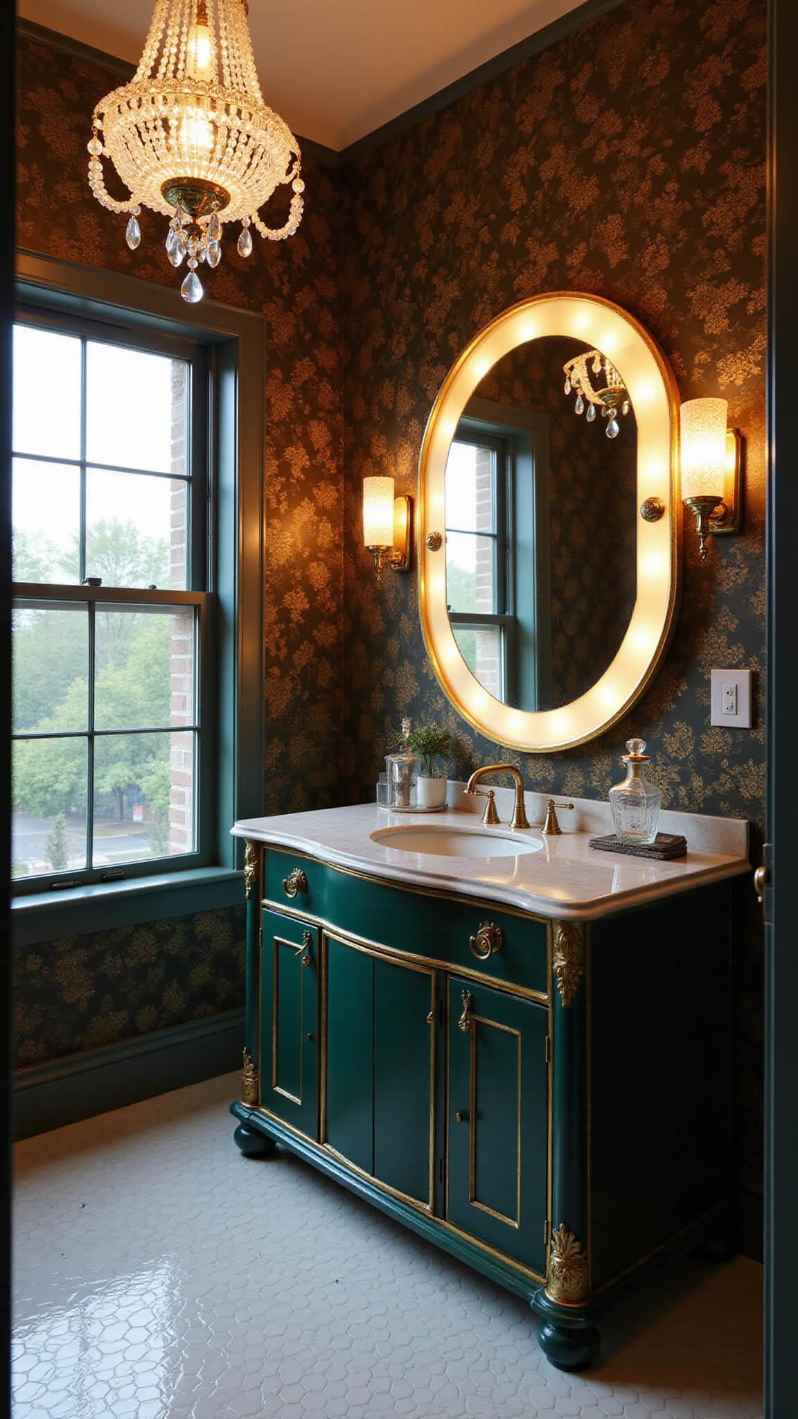 Close-up of emerald 1930s art deco vanity with gold accents, crystal chandelier glow, and vintage perfume bottles reflecting warm light.