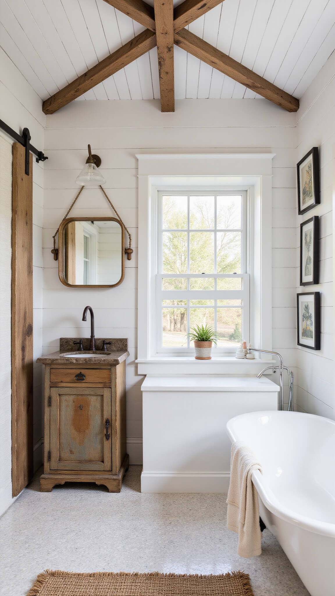 Overhead view of bright 9x11ft spa bathroom with walk-in shower, freestanding tub, antique apothecary cabinet, marble mosaic floor, and reclaimed wood details.