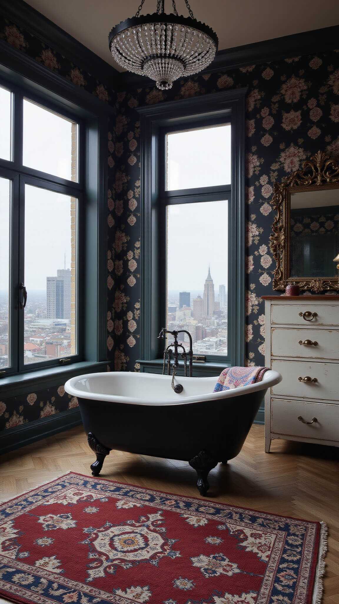 Master bathroom with clawfoot tub, city view, vintage cabinet, botanical wallpaper, and chandelier at twilight.